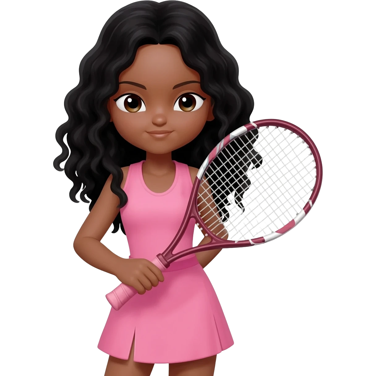 Tennis girl with long black curly wavy hair With pink dress and racket emoji