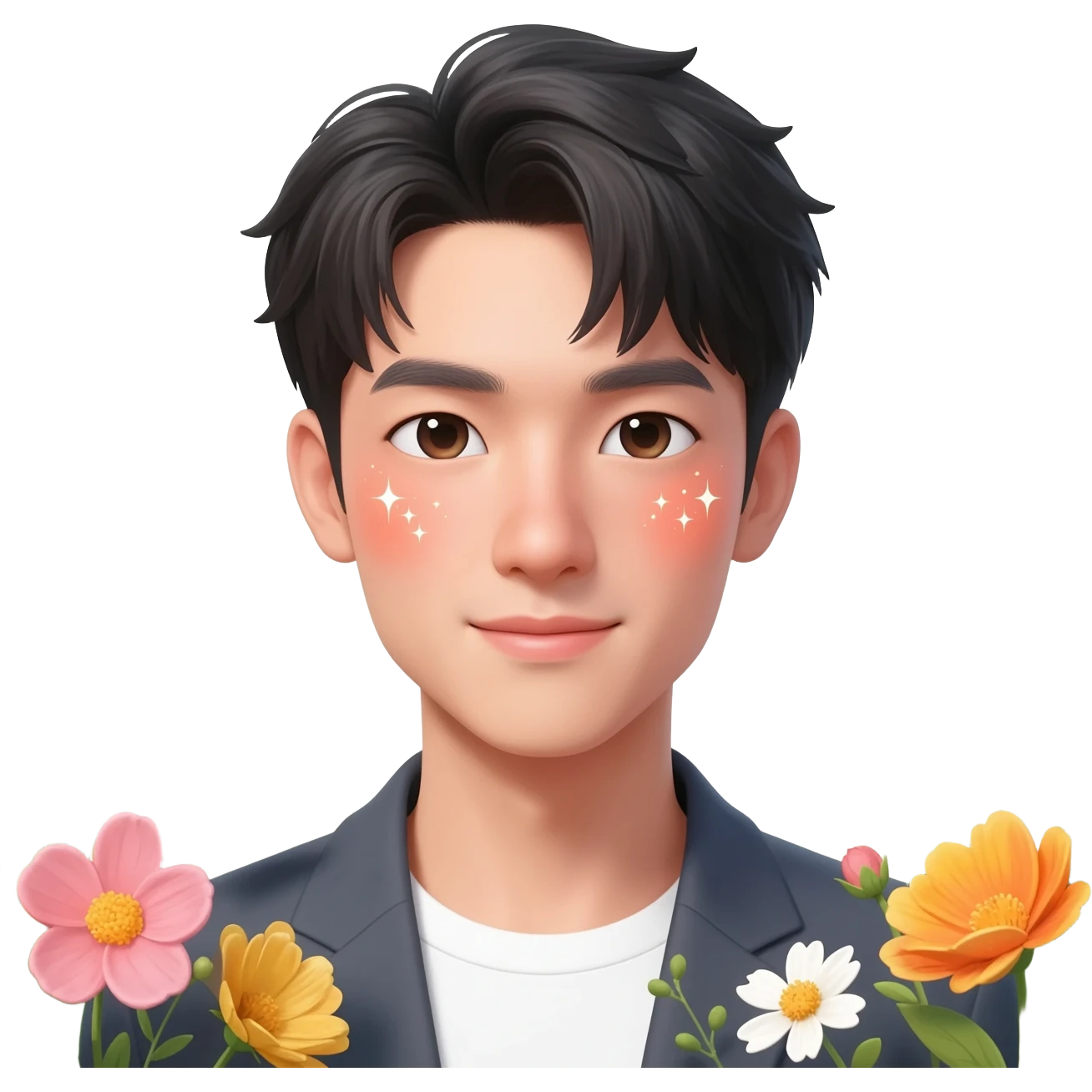 Gorgeous bright sparkly romantic Asian anime style guy with blushing face and flowers aesthetic trending style outside emoji