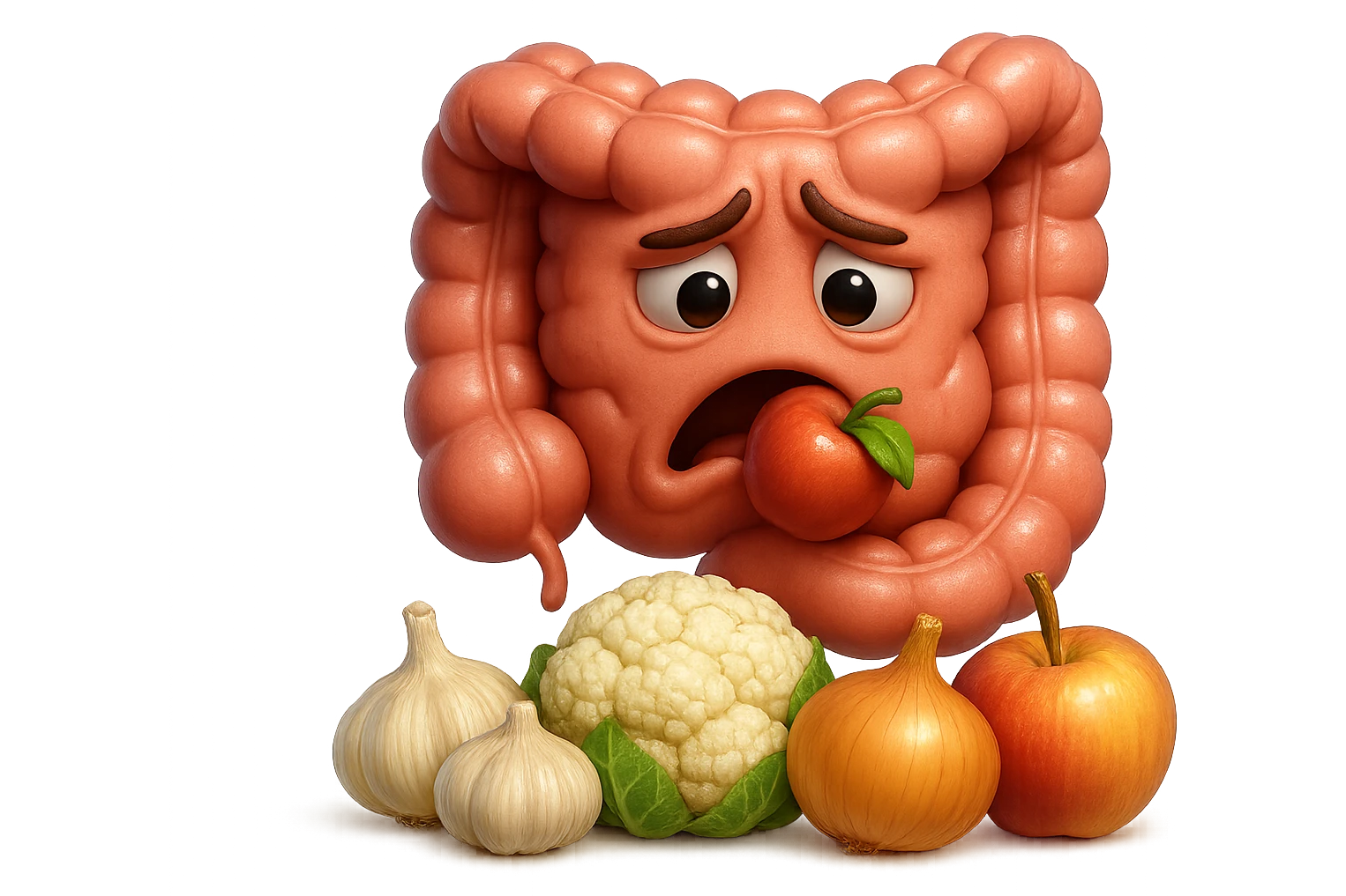 EMOJI STILE IPHONE DI UN INTESTINO UMANO IN CRISI PERCHé STA MALE, IN BOCCA HA UNA MELA E DAVANTI A LUI C'è UNA MONTAGNA DI aglio, cipolle, cavolfiore e mele, IPERREALISTICO 4K emoji