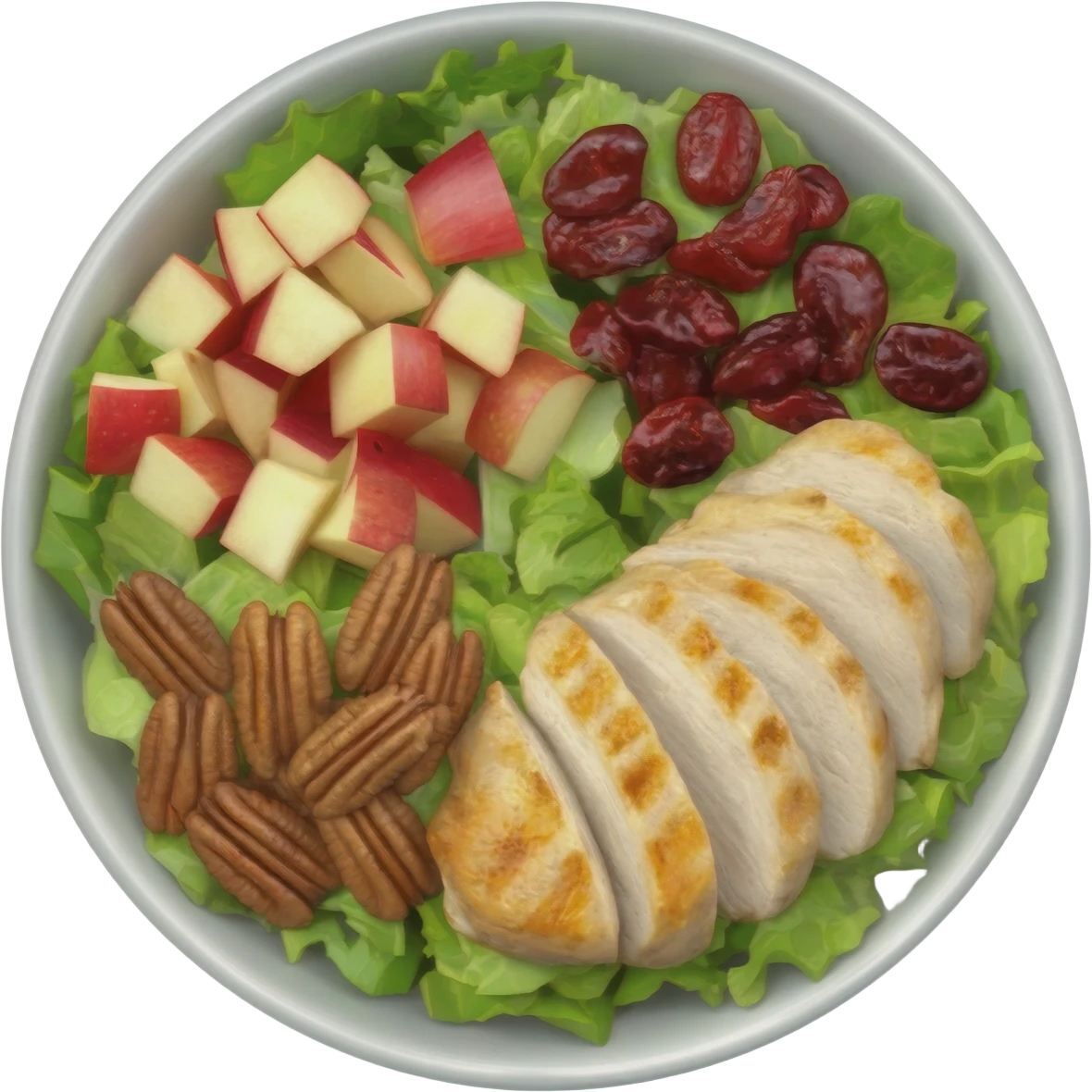 Salad with pecans, grilled chicken, dried cranberries, and apples made with iceberg lettuce emoji