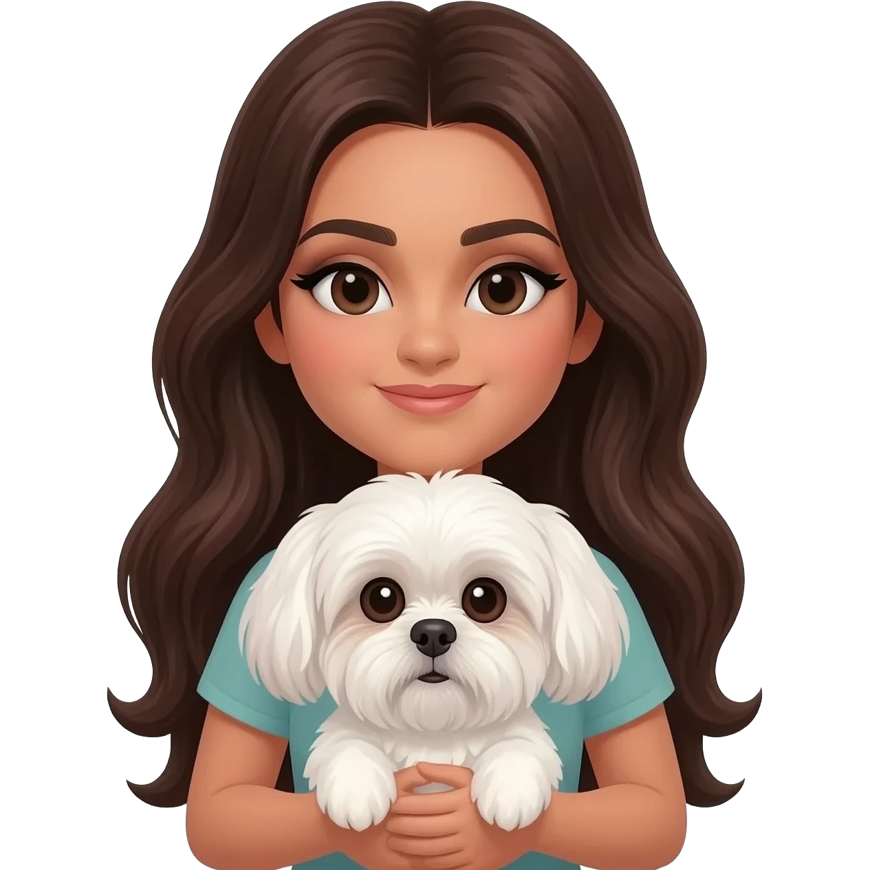 Tanned middle eastern Brunette girl with long thick hair and eyeliner, holding white boy shih tzu emoji