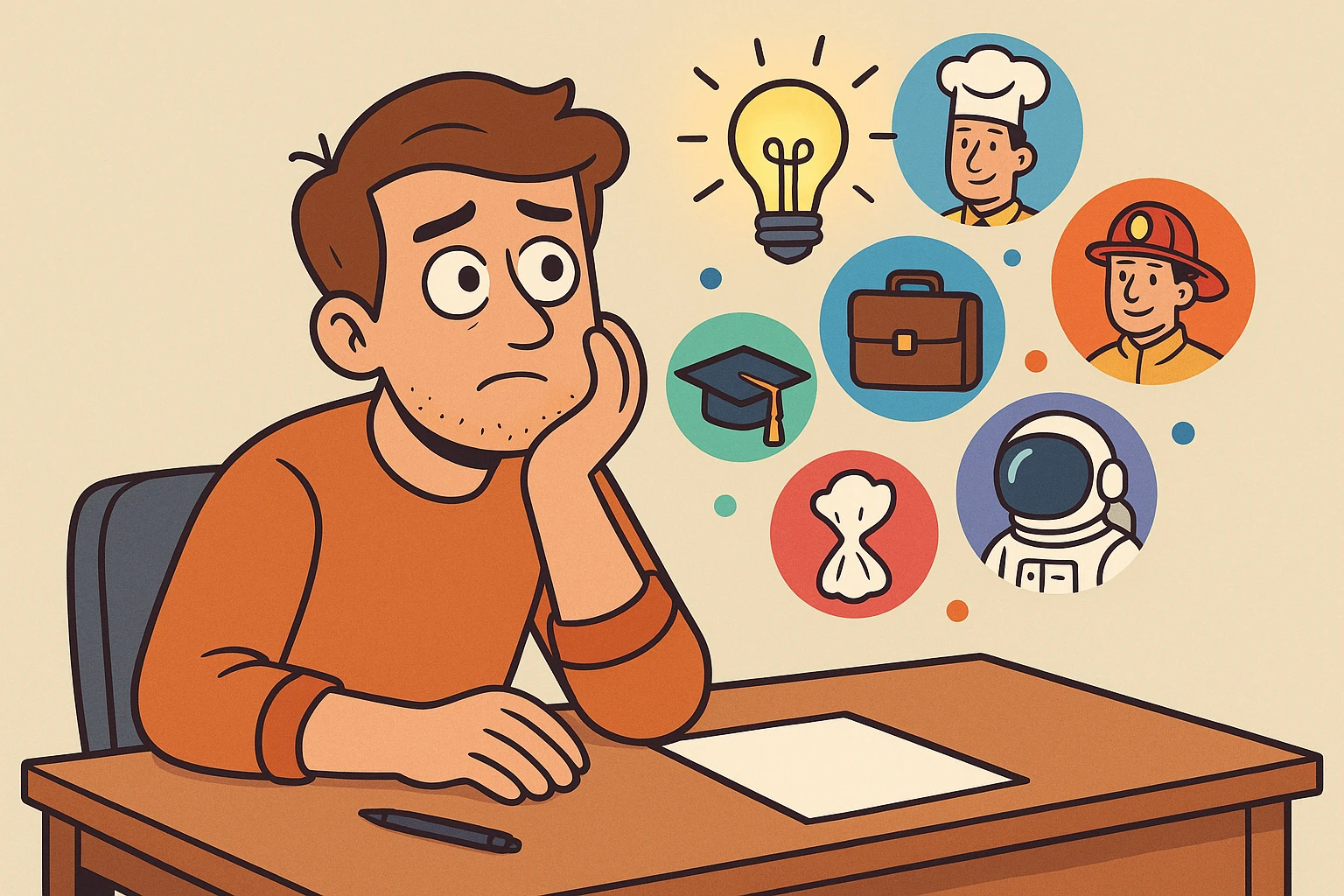 a man sitting at a desk, head resting on hand, imagining future careers, lightbulb and icons above head, flat style, colorful emoji