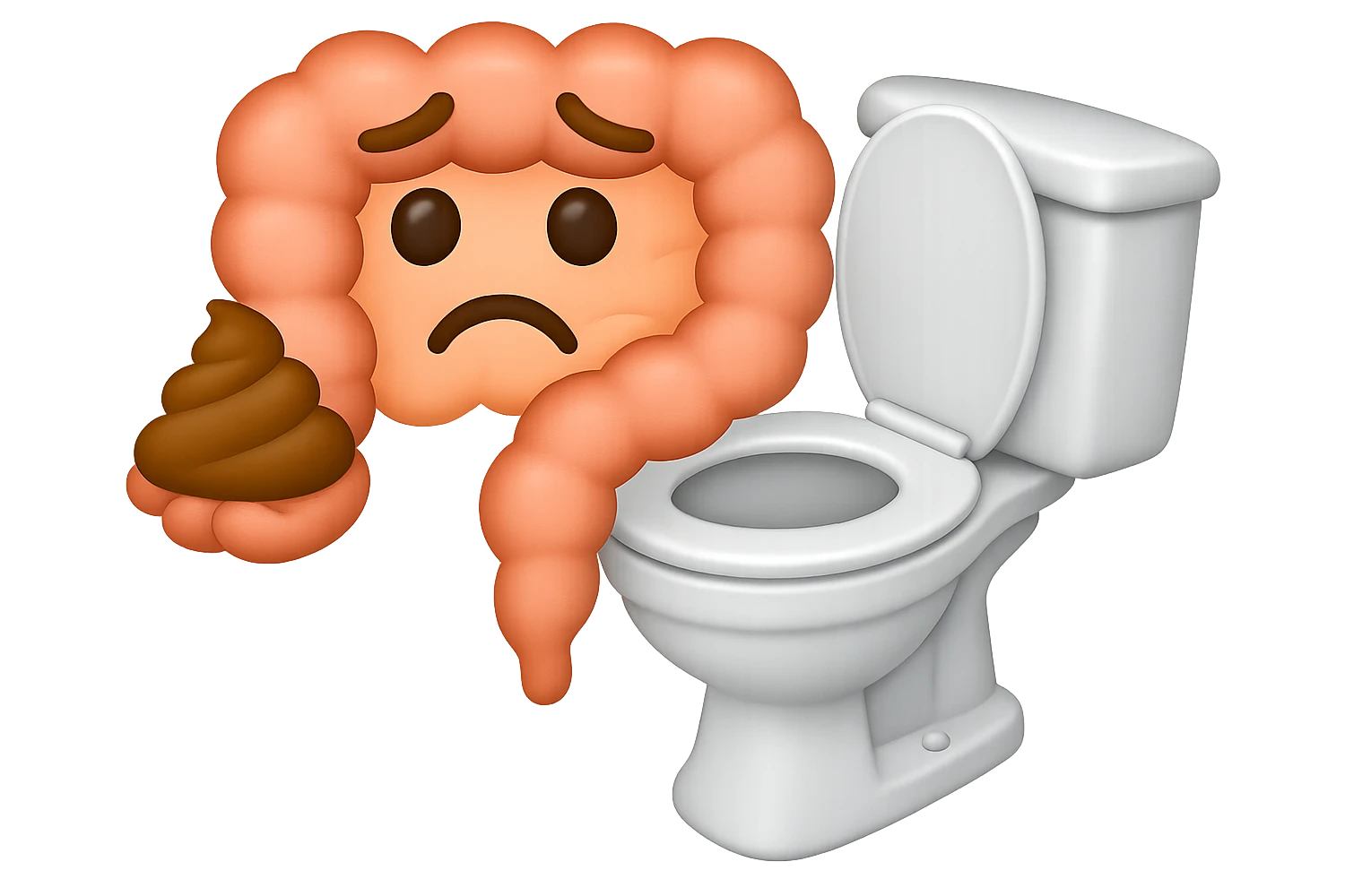 emoji stile iphone di un intestino che esce dal wc con in mano una montagnetta di feci con espressione triste a palline emoji