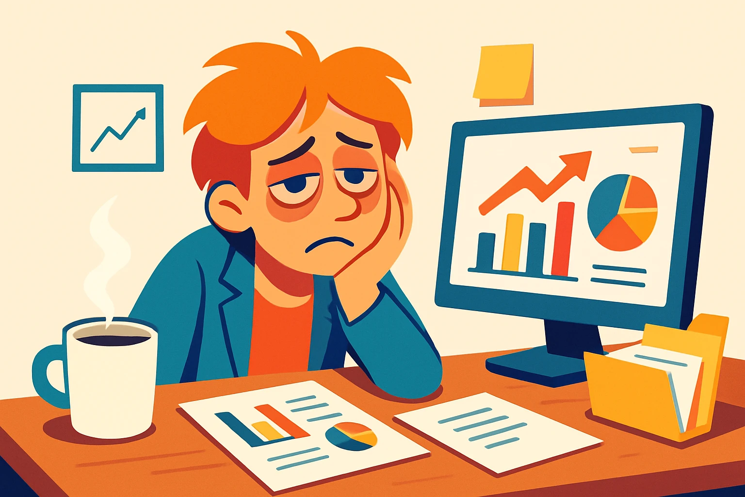 tired marketer slumped at desk with bags under eyes and coffee cup in a modern cartoon style emoji