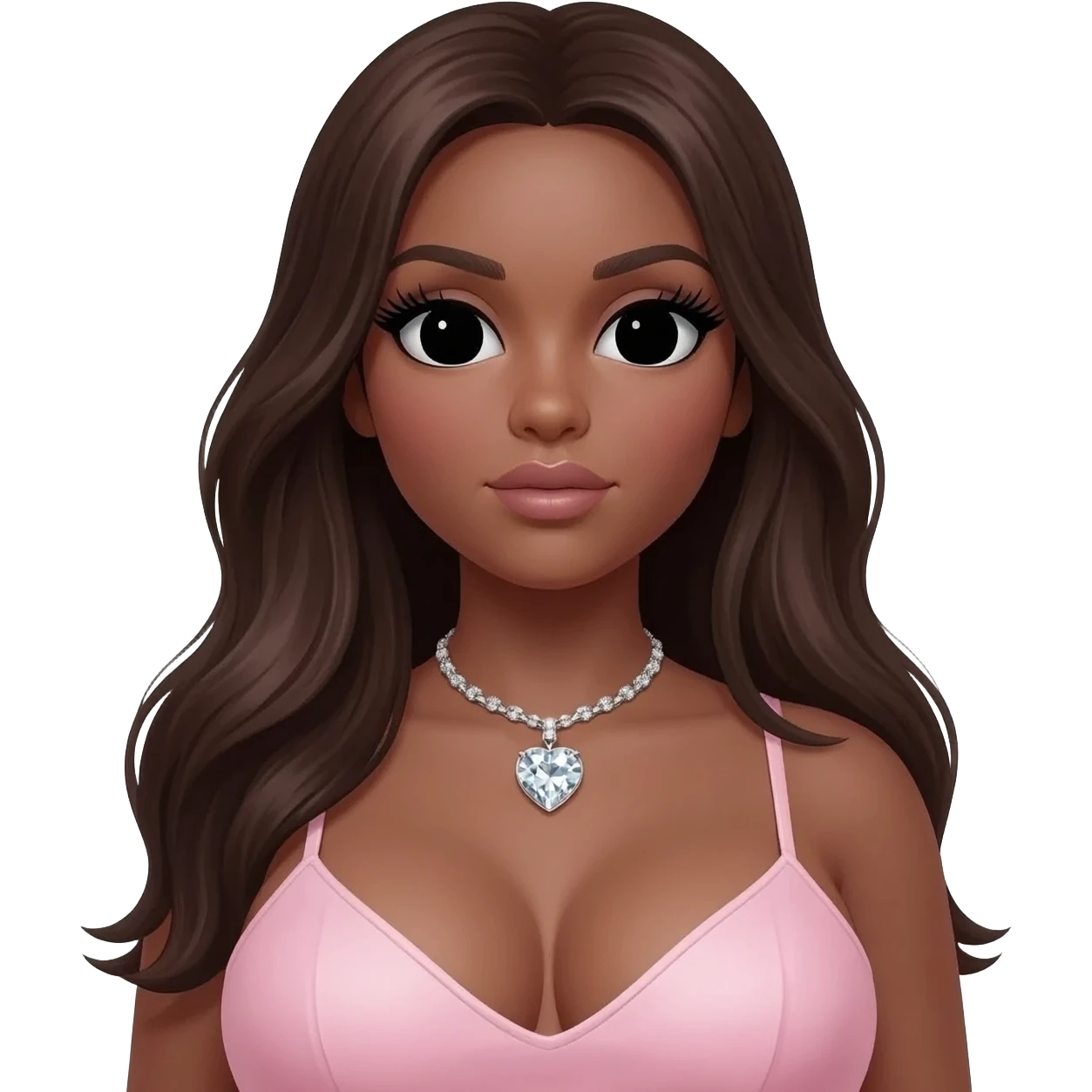 Long giant lashes, Doll faced shaped,swarovski heart with Rhodium plated necklace, bimbo, black doll eyes, barbie, dark brown skin, with long dark brown hair, light pink, big breast emoji