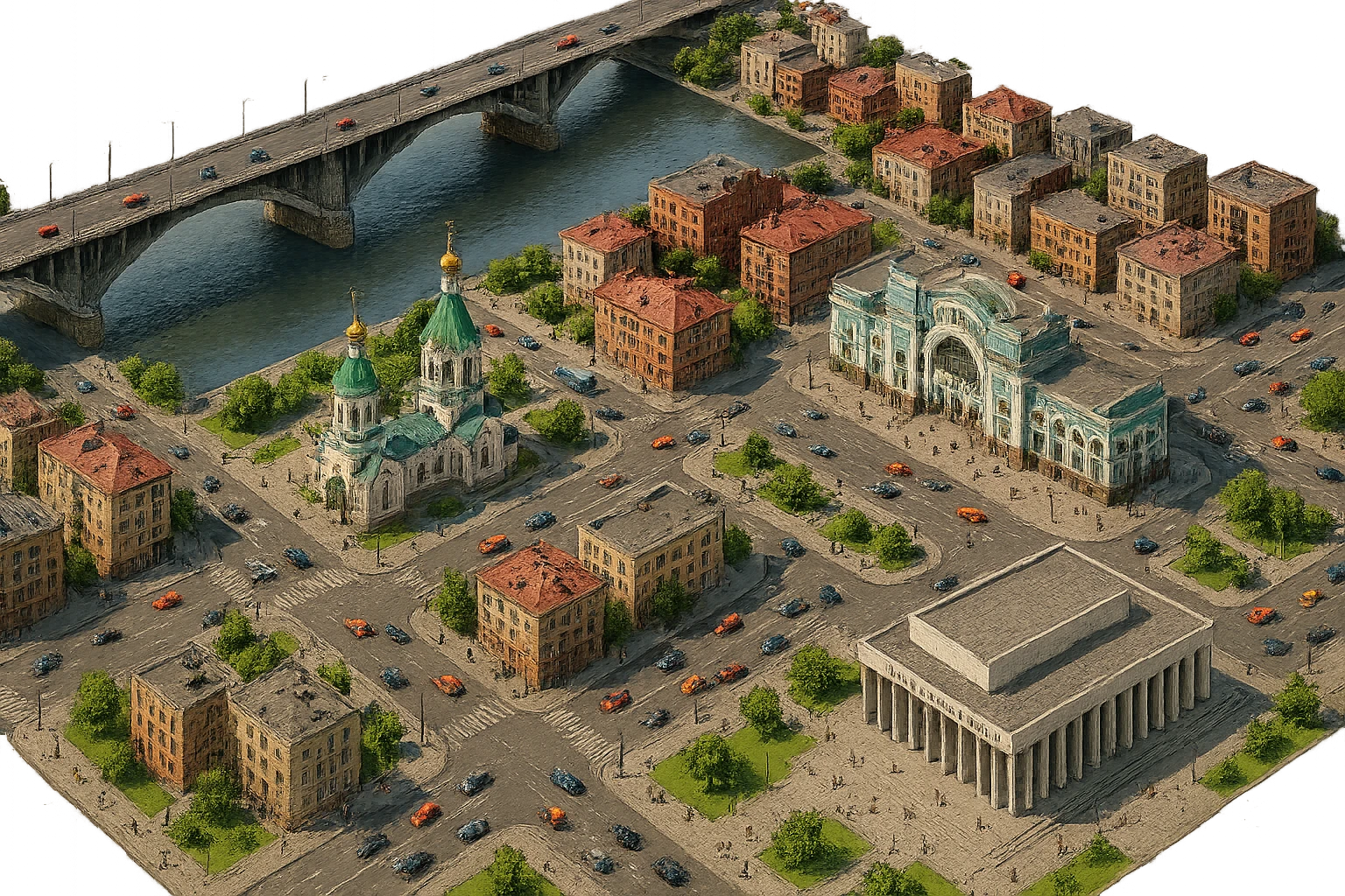 Изометричная чёткая миниатюрная фотореалистичная 3D модель панорамы Красноярска — Николаевский мост, Благовещенская церковь, Красноярск-пассажирский, Красноярский театр оперы и балета, дома, люди, автотранспорт. Ультравысокая детализация, острые и чёткие контуры, прорисованные границы зданий и дорог, архитектурная точность, резкие тени и текстуры, акцент на чёткости линий. Вид сверху в изометрии, яркие цвета, прозрачный фон, автотранспорт и пешеходы, компактная композиция. emoji