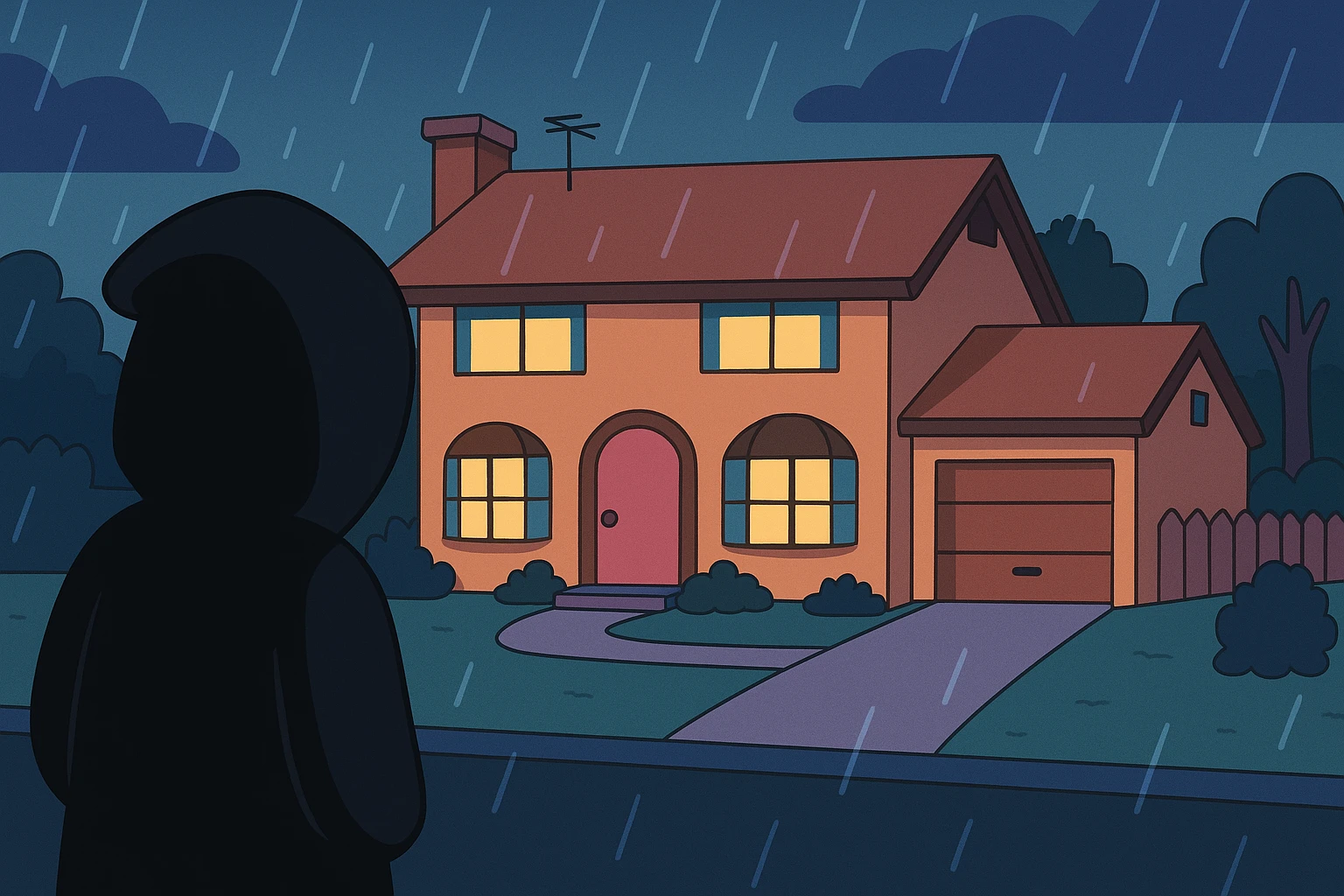 Springfield sous la pluie, la nuit. Une silhouette encapuchonnée observe la maison des Simpson. emoji