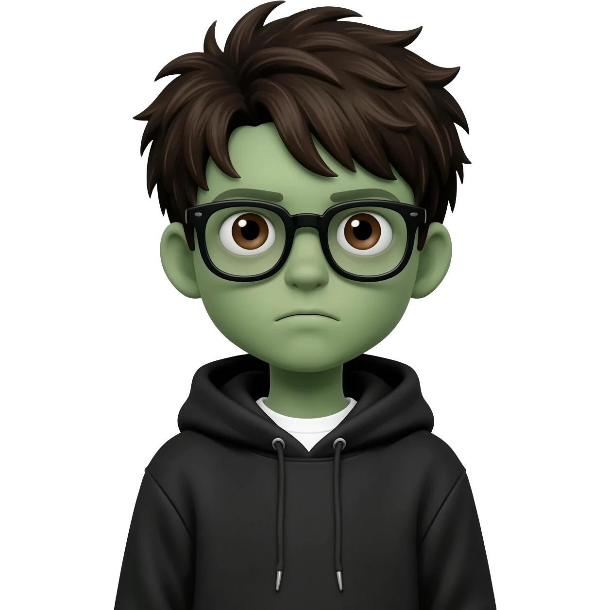 zombie boy with white tshirt and black brownish hair and with black glasses frames on hair is texturized young boy and round face more green face and dark brown eyes black thick cotton y2k hoodie with the white t-shirt under it hood of hoodie is standing up a slight bit and no ties on hoodie emoji