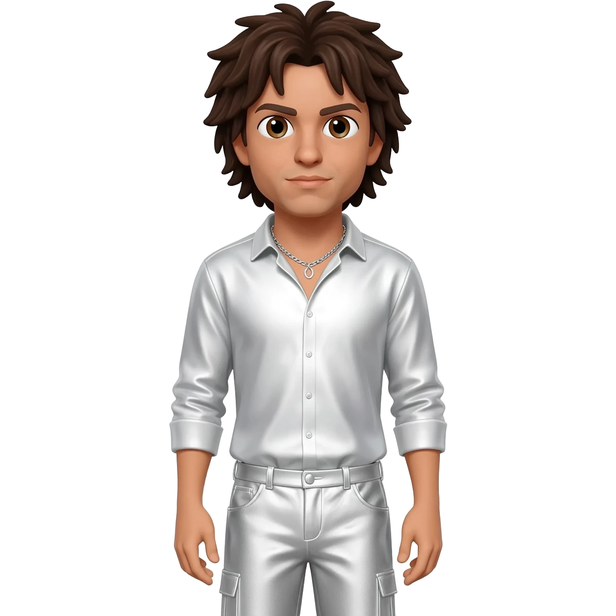 Howie Dorough with light tan skin, brown eyes, dark brown hair, white metallic shirt, white metallic baggy pants, silver necklace emoji