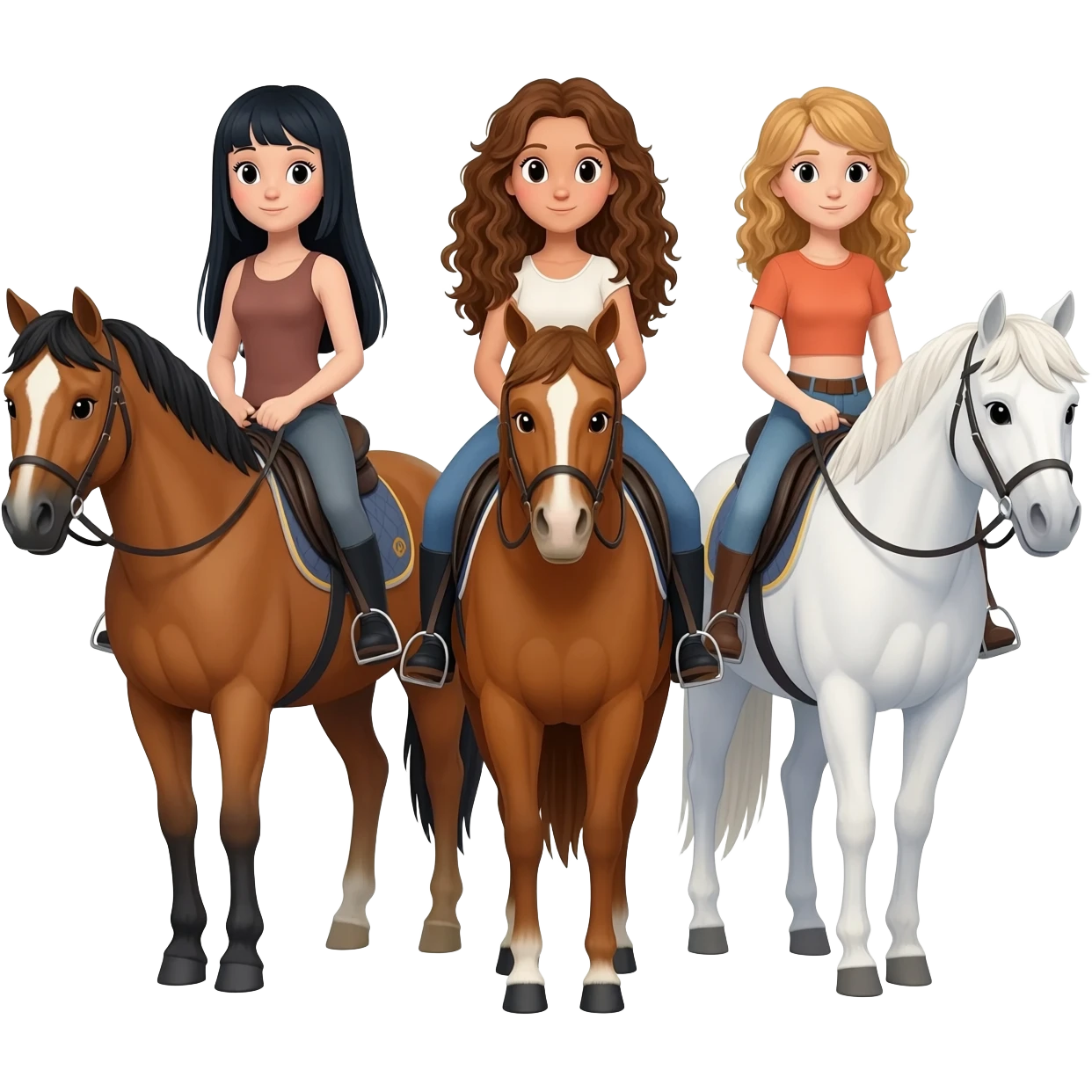 Three horses white bay and sorrel with three riders on the bay horse a girl with dark straight hair on the sorrel horse a girl with wavy brown hair and on the white horse a girl with sandy hair emoji