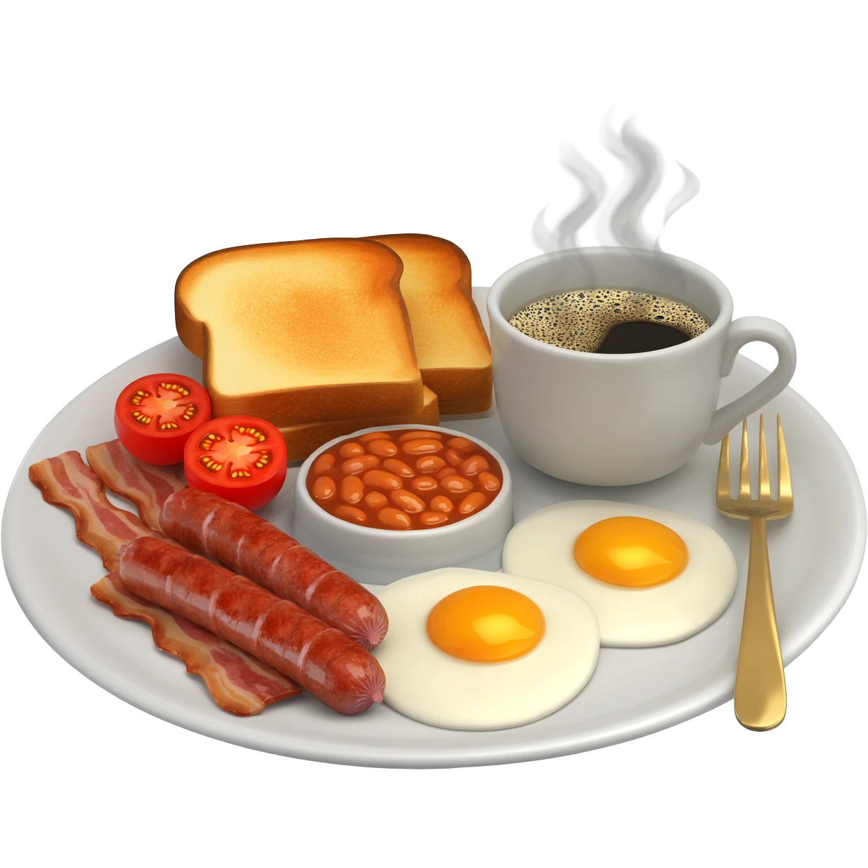 English breakfast full English breakfast with two eggs, bacon, sausage, beans, toast, and tomato оn a beautiful white plate with a gold fork and cup of coffee side view emoji