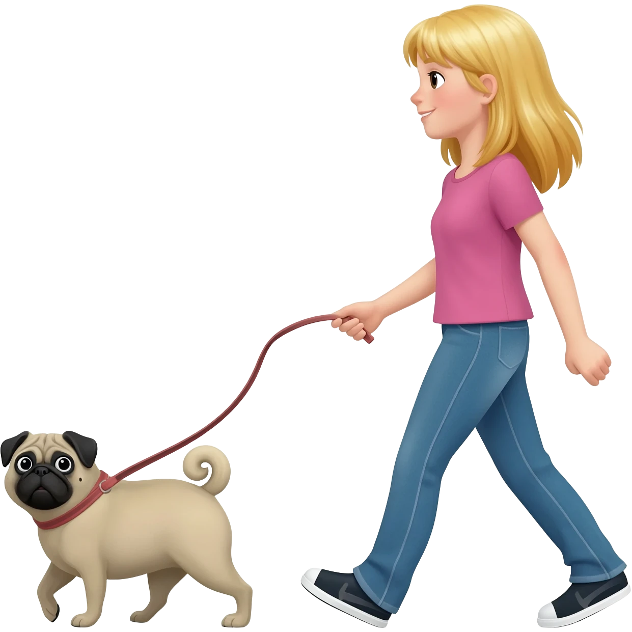 haz una chica rubia paseando a su perro pug emoji