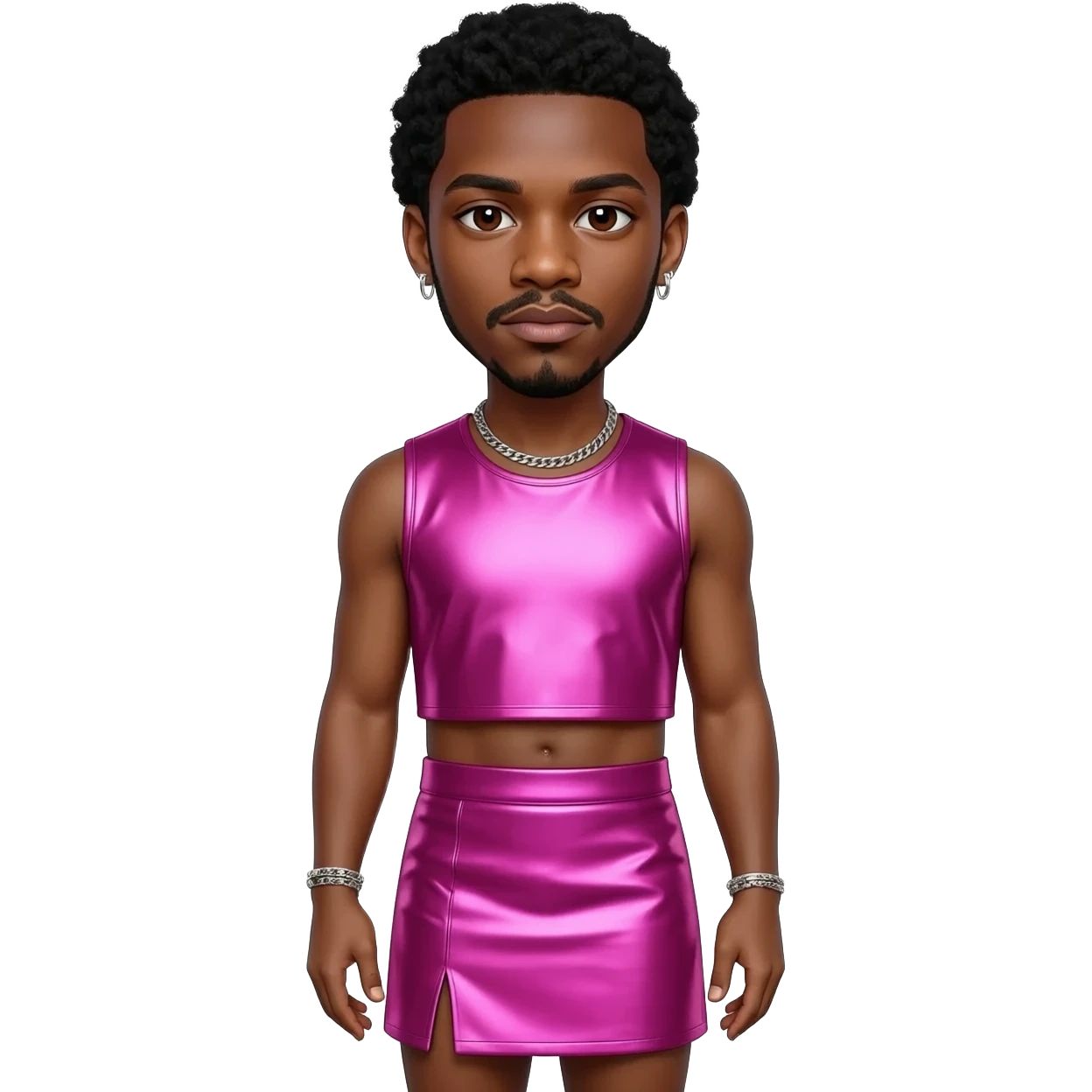 Lil Nas X with dark brown eyes, black hair, hot pink metallic sleeveless crop top, hot pink metallic short skirt, silver necklace and short earrings emoji