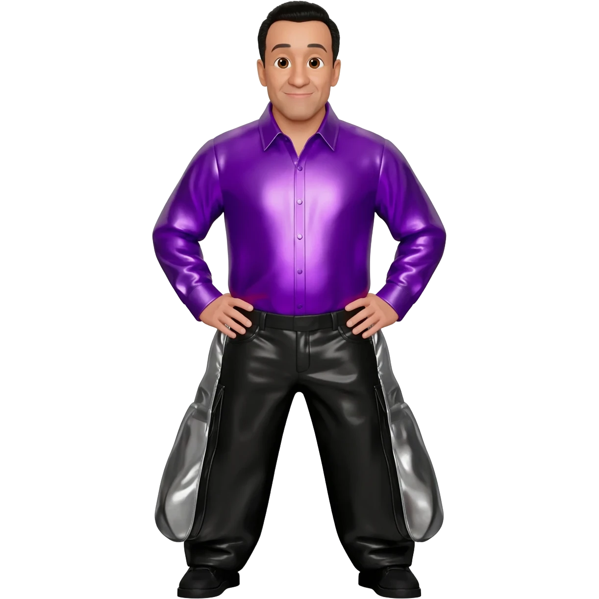 Jeff Fatt from The Wiggles with brown eyes, black hair, purple metallic shirt, black metallic baggy pants emoji