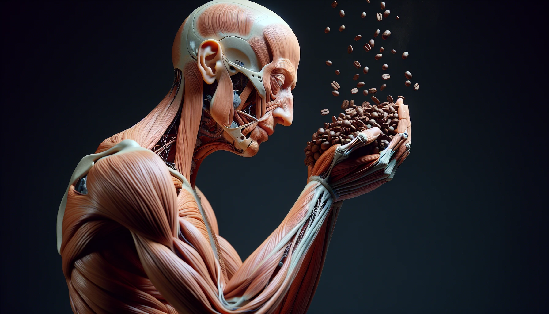corpo umano anatomico che tiene in mano una manciata di chicchi di caffè e la guarda come se fosse dipendente da essa, stralunato, iperrealistico 4k emoji