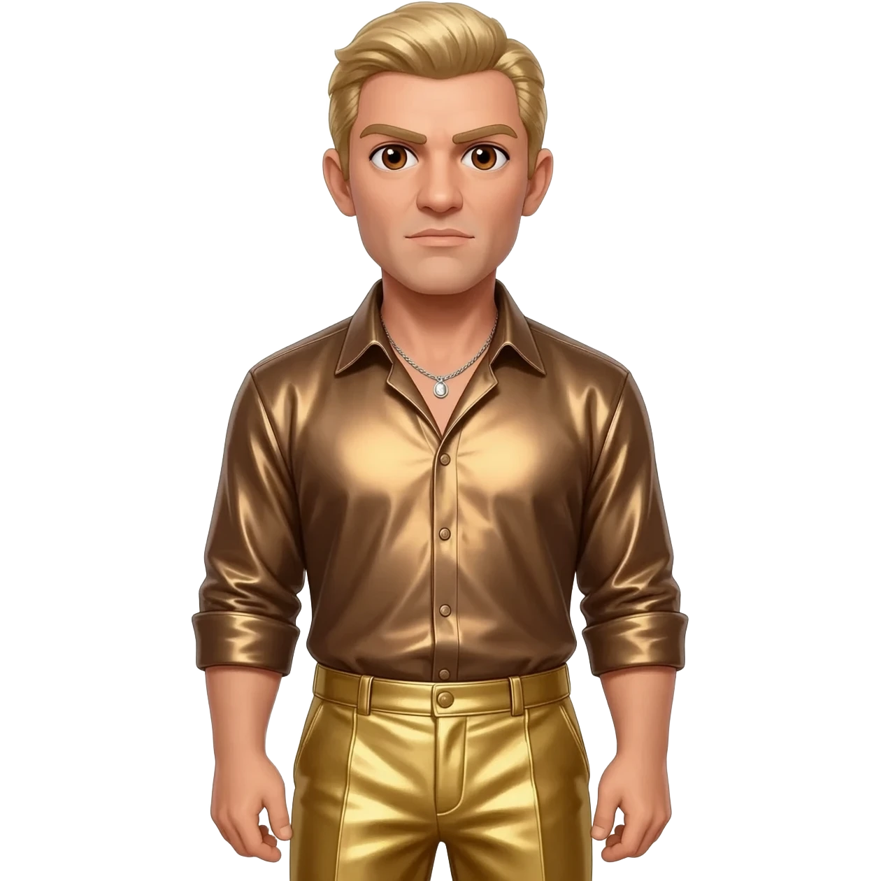 Auric Goldfinger from James Bond with brown eyes, blonde hair, bronze metallic shirt, gold metallic baggy pants, silver necklace emoji
