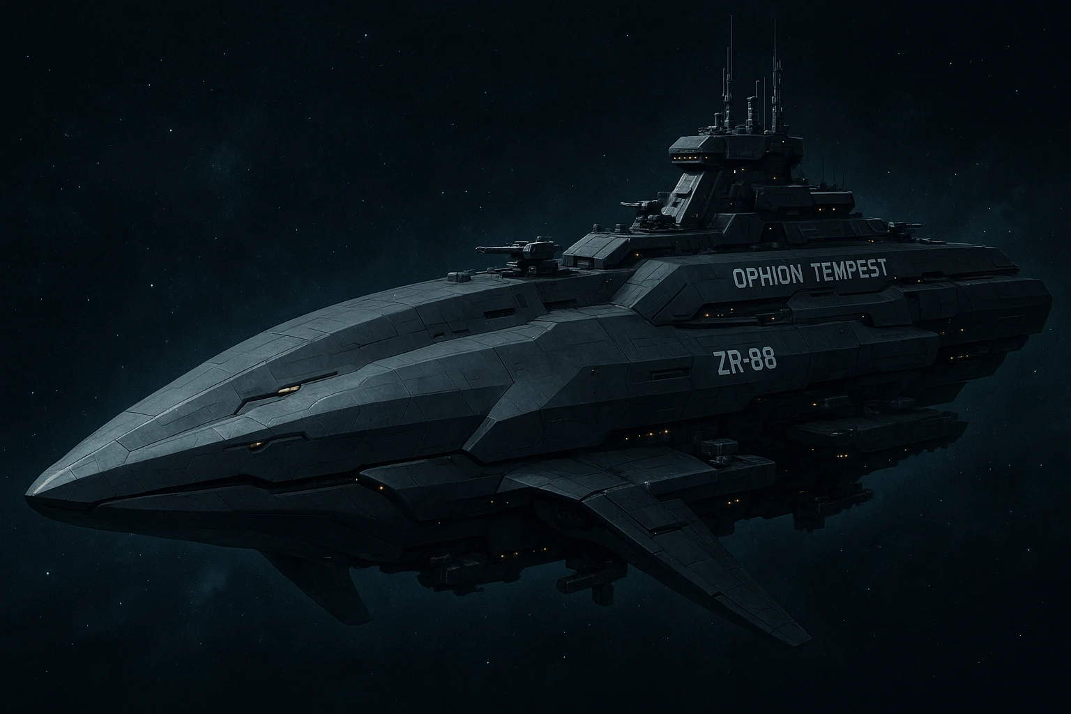 capital class space cruiser supercarrier of Zrian [human] origins, named the "Ophion Tempest"
The ship has a blocky military, yet sleek and angular design, mimicking a prehistoric sea-mammal or Cetacea  emoji