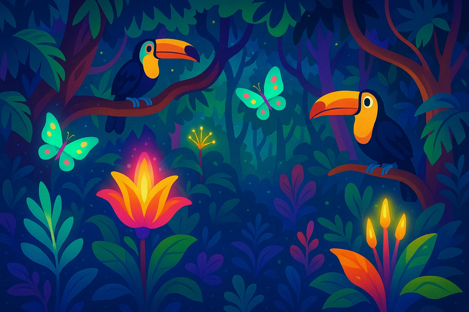 magical Colombian rainforest with glowing plants, toucans, and butterflies, dreamy fantasy-inspired style emoji