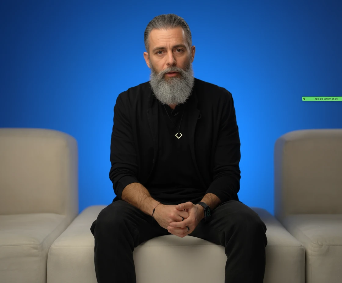 Состарь лицо этого человека, сделай седы волосы и добавь бороду, сохранив позу и все остальное emoji