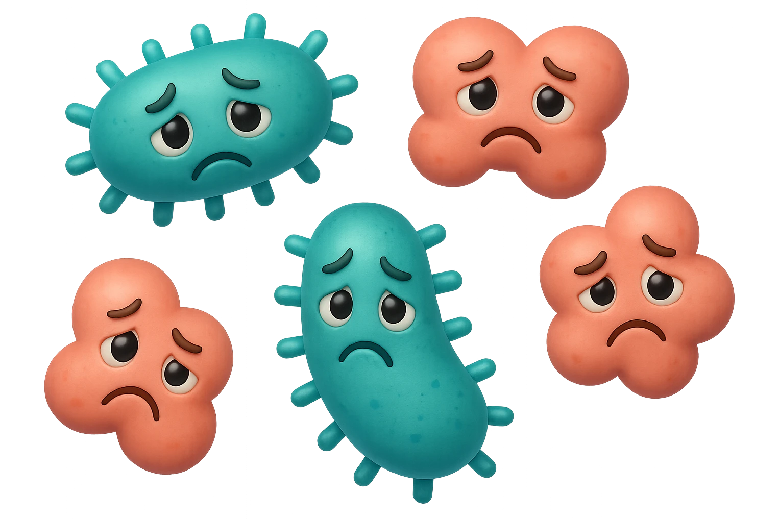 EMOJI STILE IPHONE DI 3 BATTERI INTESTINALI turchesi tristi e 3 batteri intestinali rosa salmone tristi CHE FLUTTUANO IN ARIA IPERREALISTICO 4K emoji