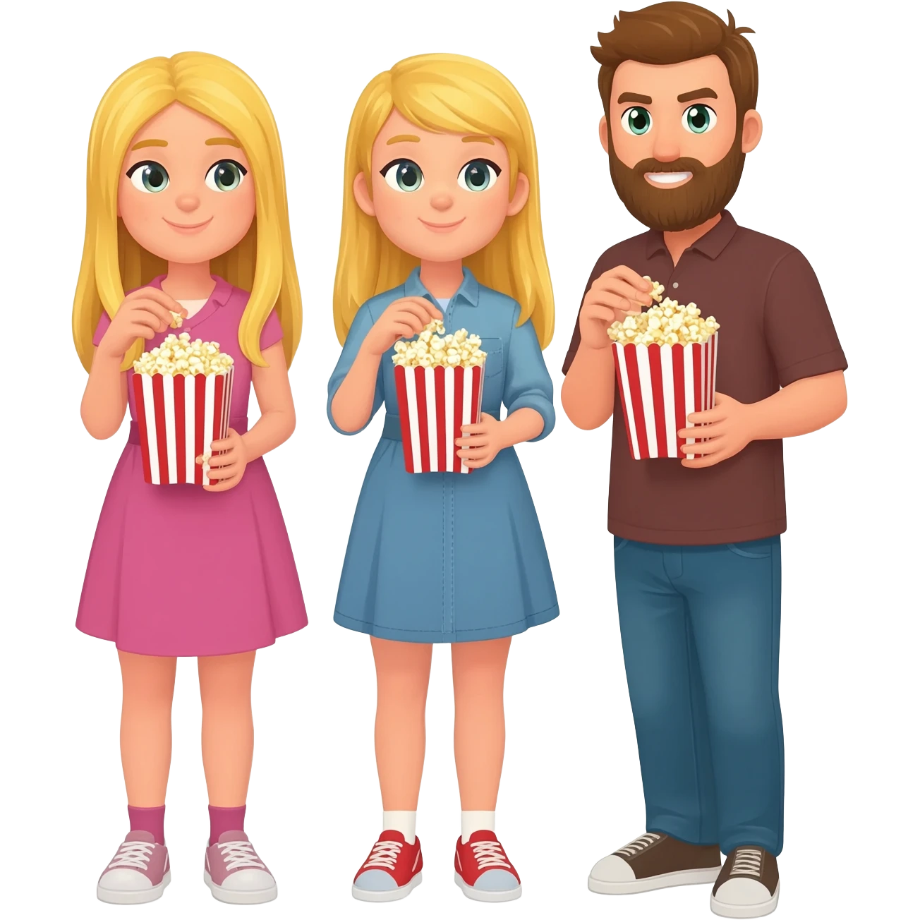 2 girls blonde girls and a guy with a beard standing eating popcorn emoji