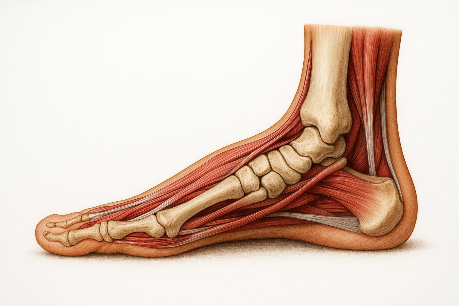PIEDE UMANO ANATOMICO CON PIANTA PIATTA, VISTO DI PROFILO, CON FASCI MUSCOLARI E OSSA VISIBILI, REALISTICO 4K SFONDO BIANCO emoji