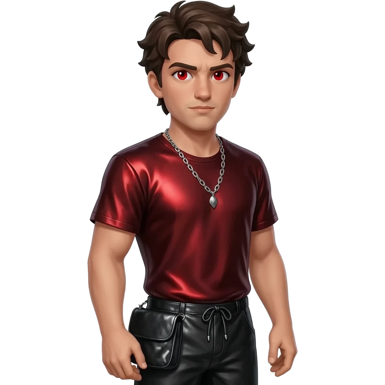 Ares from Greek Mythology with red eyes, dark brown hair, dark red metallic shirt, black metallic baggy pants, silver necklace emoji