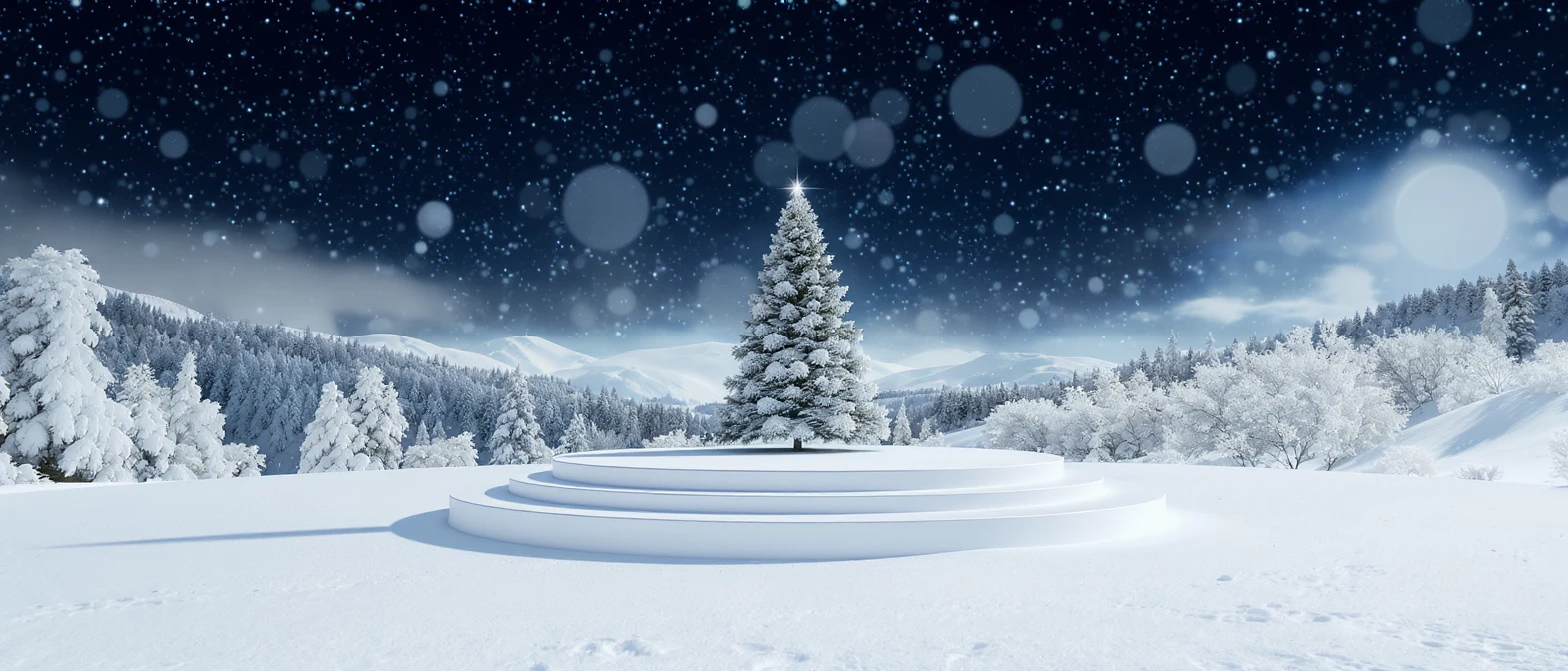 Cinematic still of a winter landcape, sunny day, white circle stage on middle, snowy,christmas tree in snow, in background we can see beautifull snowy landscape, soft light, symmetrical, day, captured on arri alexa --no curtains emoji