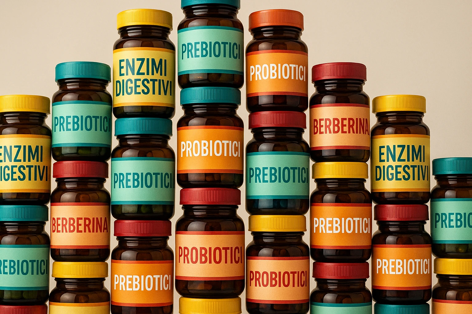 montagna di barattoli di integratori tipo "ENZIMI DIGESTIVI", "PREBIOTICI", "PROBIOTICI", "BERBERINA" con etichette in italiano emoji