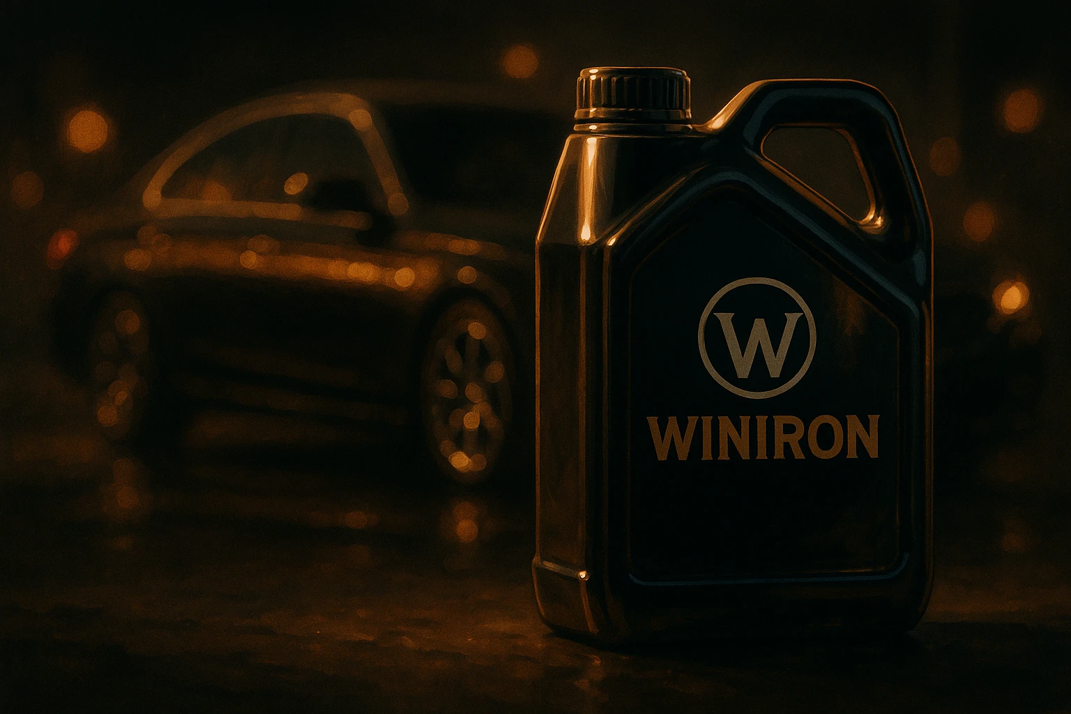 a premium dark moody automotive scene. A Winiron motor oil container stands in the foreground, illuminated by soft golden rim light. Background is a luxury car silhouette with warm reflections, blurred bokeh lights, and deep shadows. Add subtle metallic shine, glossy highlights on the container. Composition should feel cinematic, expensive, and powerful. No text, no distortions, keep the Winiron logo original. emoji