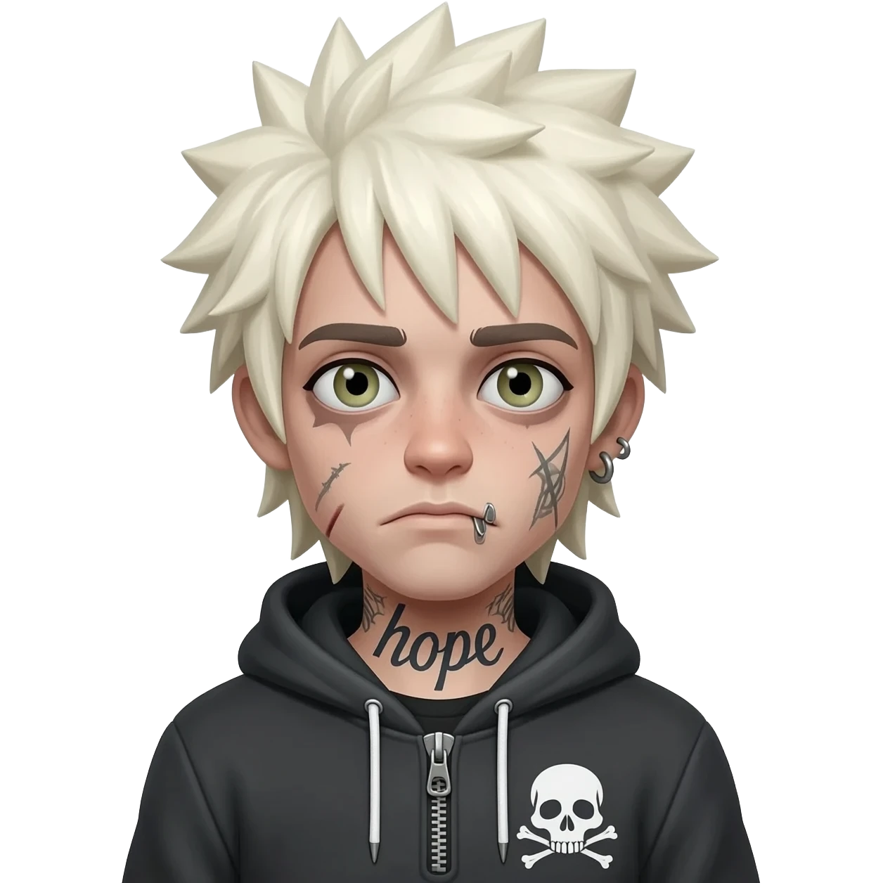 boy zombie spiky long platinum gold hair, hoodie zip is vignette skull wear piercings tatto "hope" emoji