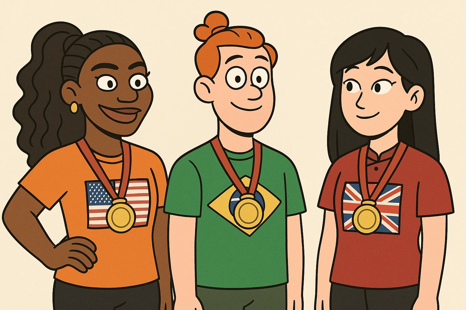 Serena Williams American shirts girl Orange bun hair a Brazil shirts boy brown Chinese shirt Chinese girl black hair United Kingdom shirt Defined Waves hair sports medal  emoji