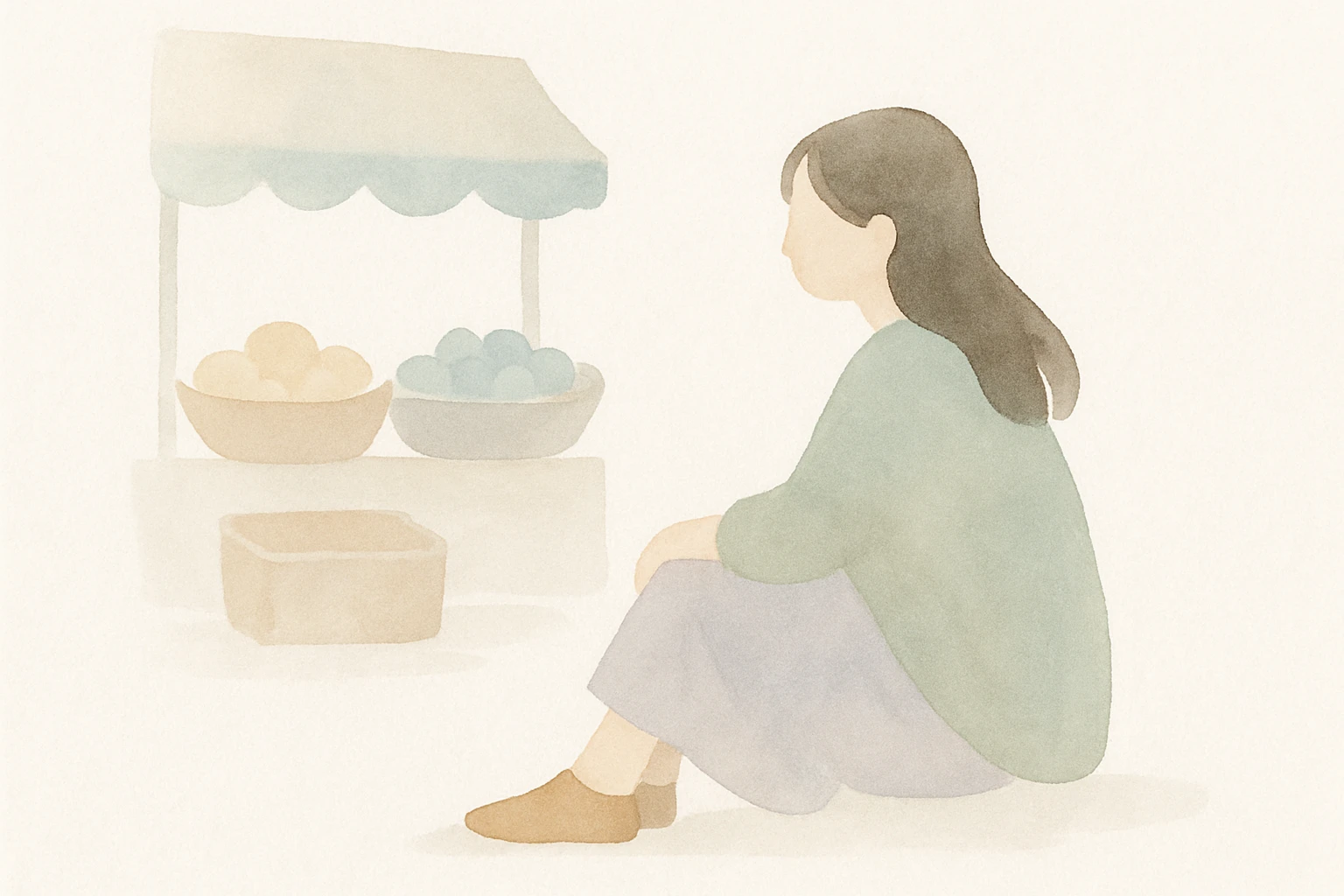 girl sitting on the marketplace, watercolor art style emoji