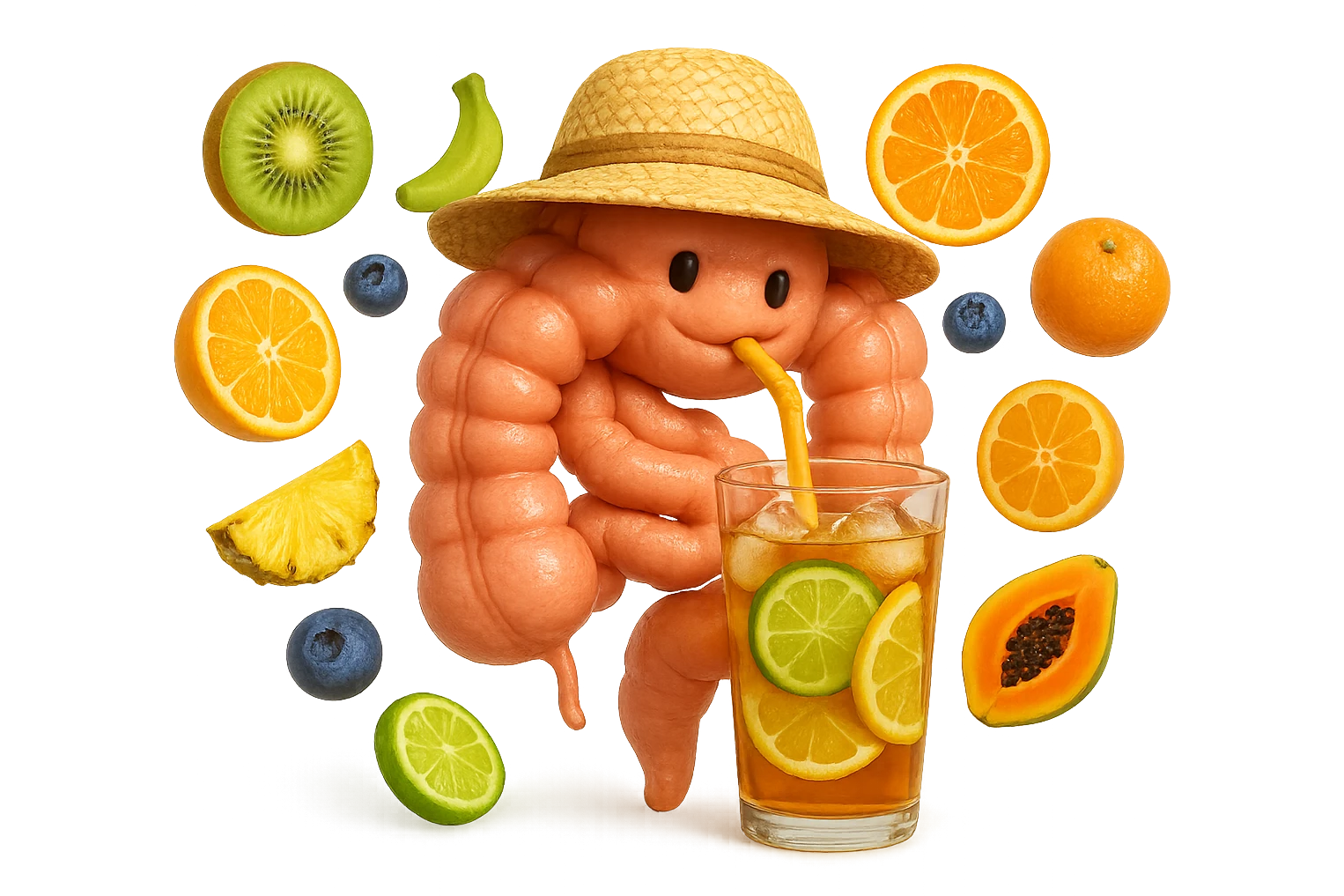 EMOJI STILE IPHONE DI INTESTINO UMANO REALISTICO CON CAPPELLO DI PAGLIA DA SPIAGGIA CHE BEVE UN Tè FREDDO IN BICCHIERE DI VETRO CON DENTRO  fette di cetriolo, limone, lime, DIETRO L'INTESTINO FLUTTUANO PEZZETTI DI Kiwi
Banana acerba
Arance e mandarini
Mirtilli
Ananas
Papaya
IPERREALISTICO 4K emoji