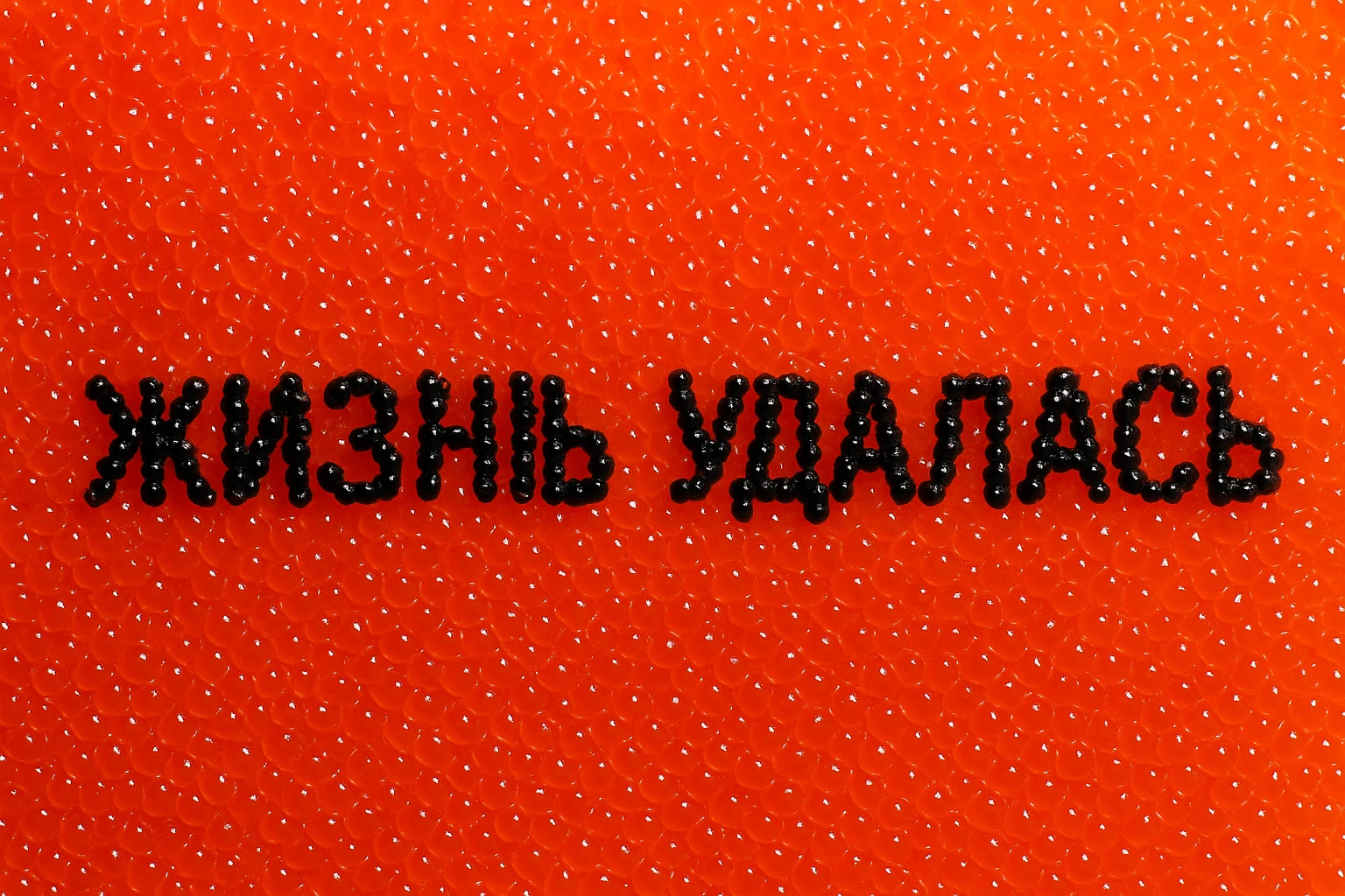 Надпись Жизнь удалась сделанная чёрной икрой на фоне красной икры, надпись должна быть сделана в одну строку, а не в две emoji