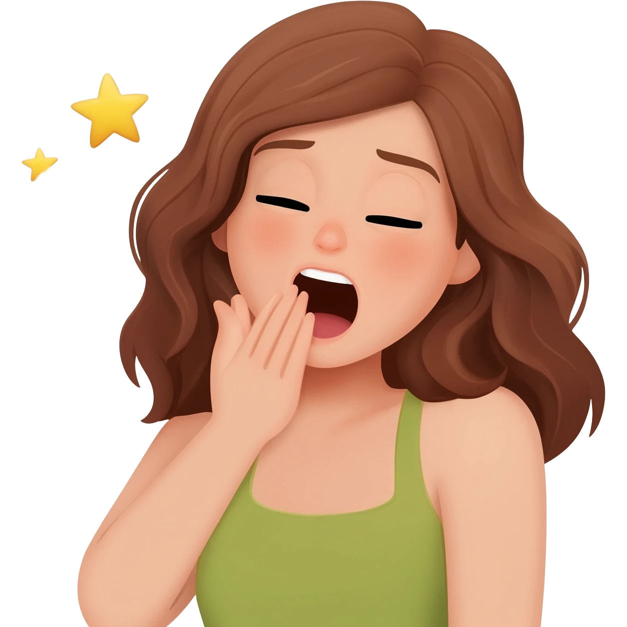 cara despertando, ella bosteza tiene el pelo café y tez blanca emoji