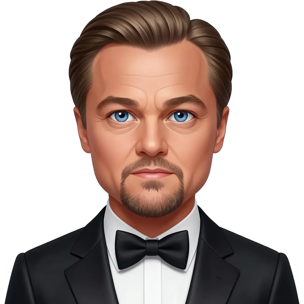 Leonardo DiCaprio with blue eyes, dark blonde hair, black metallic suit with bow tie emoji