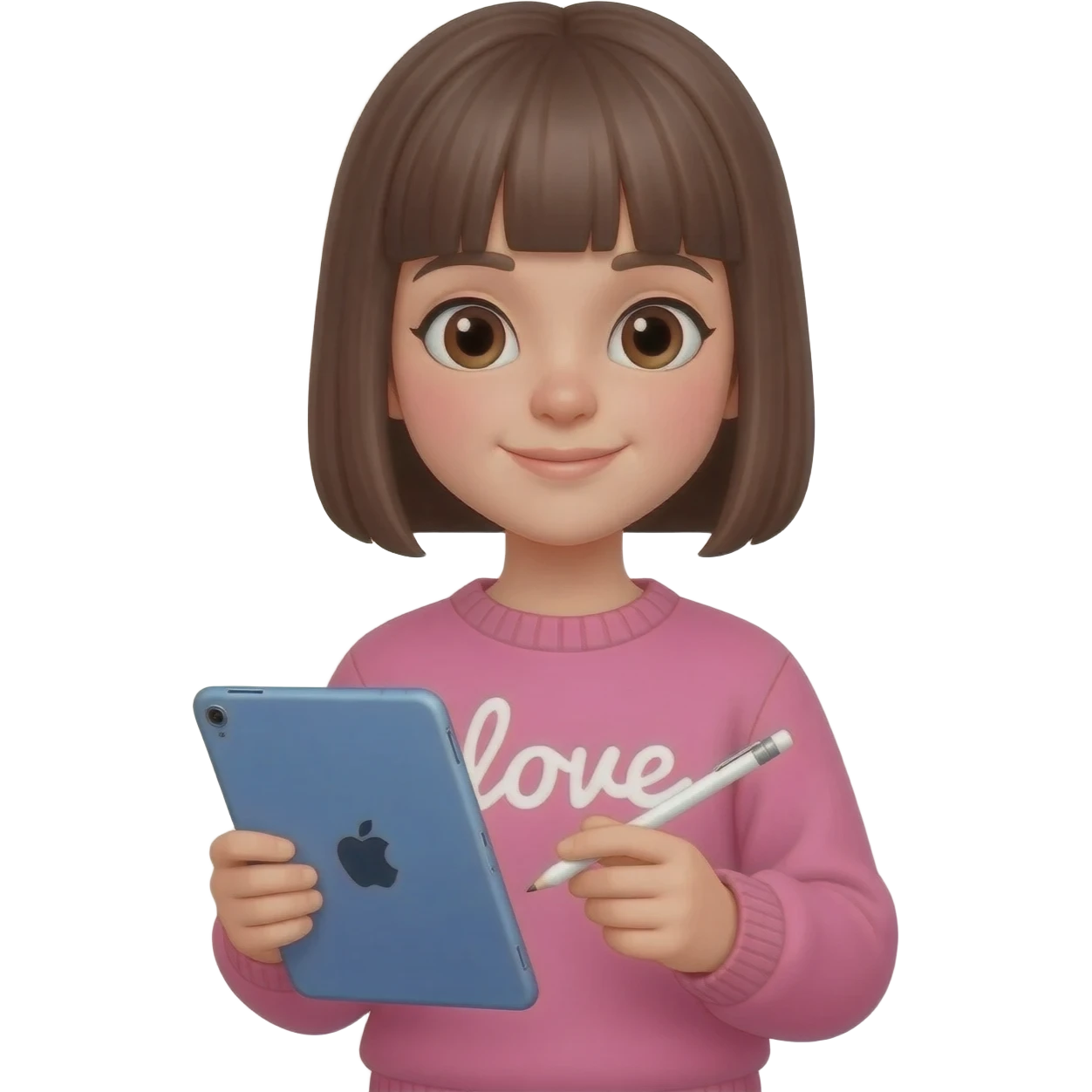 Crée moi une fille avec un coupe carré brun lisse avec un pull rose  écrit dessus love et un iPad bleu en main et un Apple Pencil blanc emoji