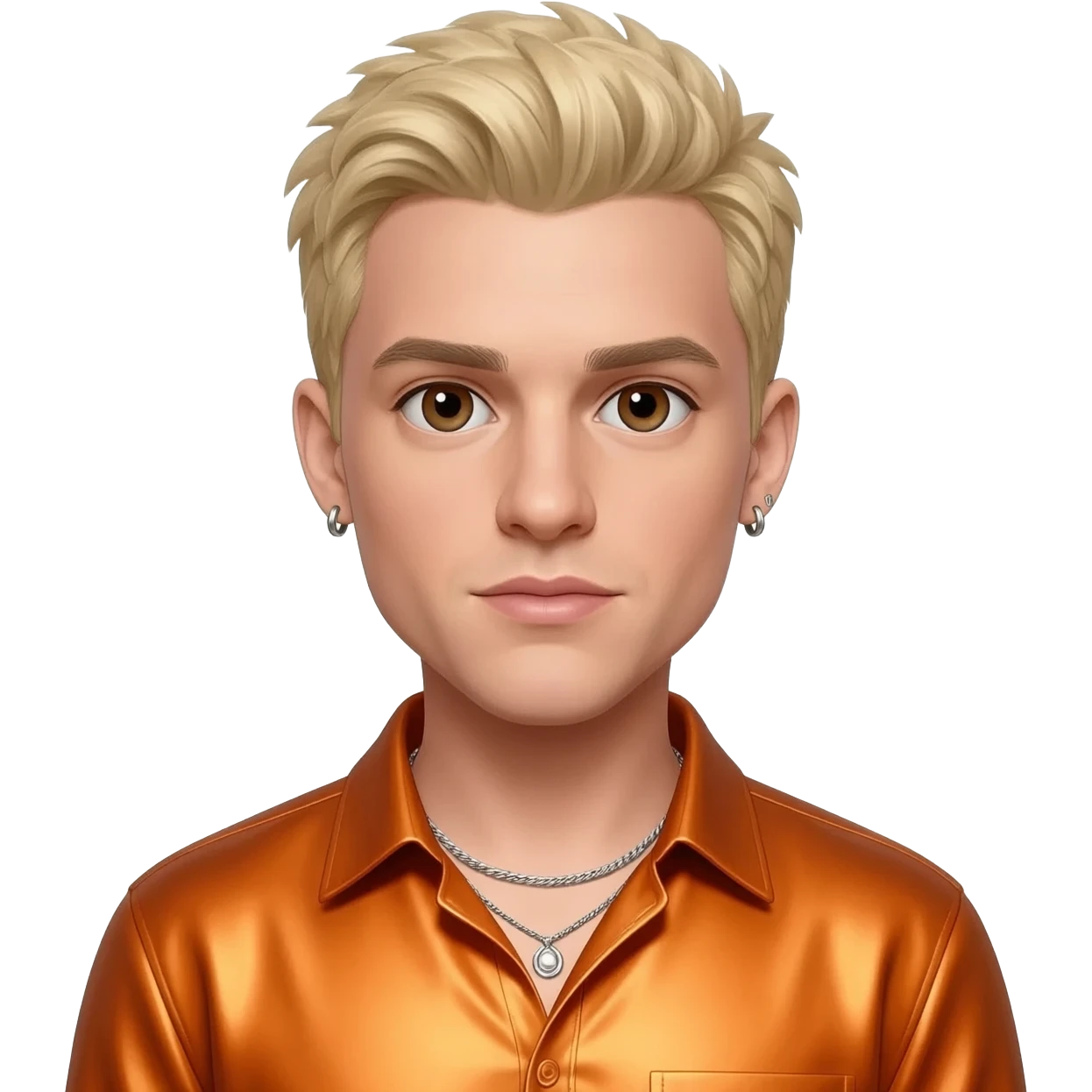 Aaron Carter with brown eyes, blonde hair, orange metallic shirt, silver necklace with short earrings emoji