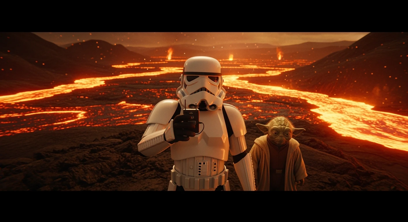 Cinematic still, vlog-style camera angle, Starwars stormtroopers vlogging , he is walking on lava planet with yoda emoji