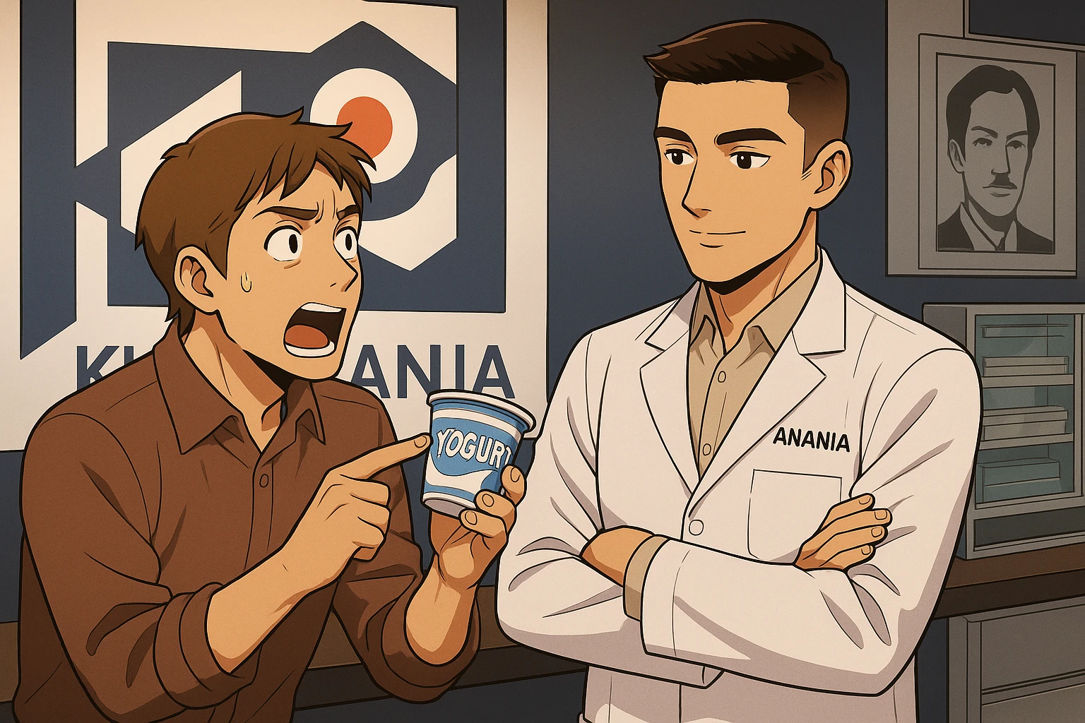 fai un webtoon manga a colori con questo stile, in cui un uomo chiede al kinesiologo con il camice bianco (fagli anche la scritta "ANTONIO ANANIA" SUL CAMICE, una domanda e il kinesiologo gli risponde, L'UOMO INDICA LO YOGURT CHE HA IN MANO ED è MOLTO ALLARMATO NEL FARE LA DOMANDA. non fare i fumetti però, fai solo in modo che sembri stiano parlando emoji