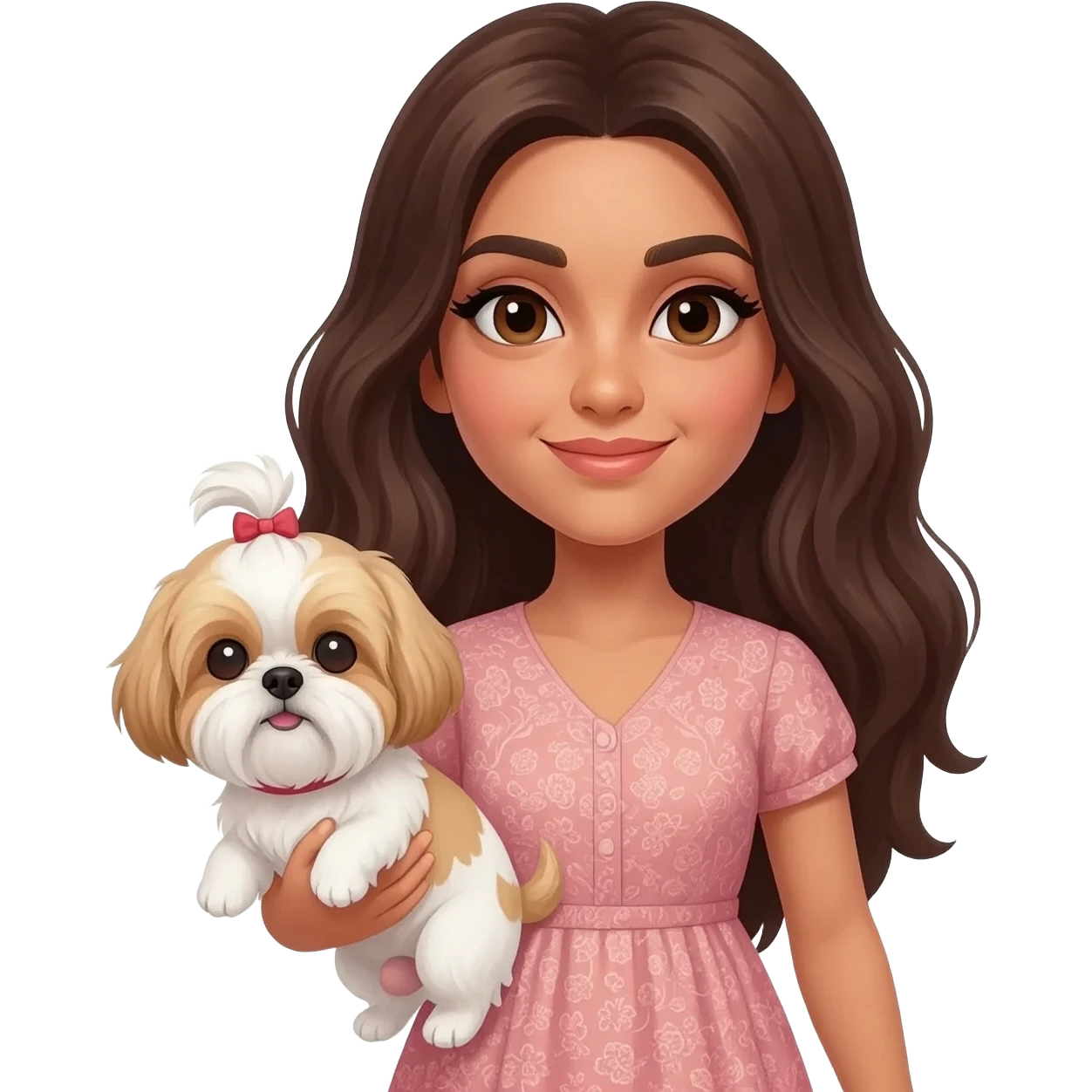 More Tanned middle eastern Brunette girl with long thick hair and eyeliner, holding white and golden boy shih tzu emoji