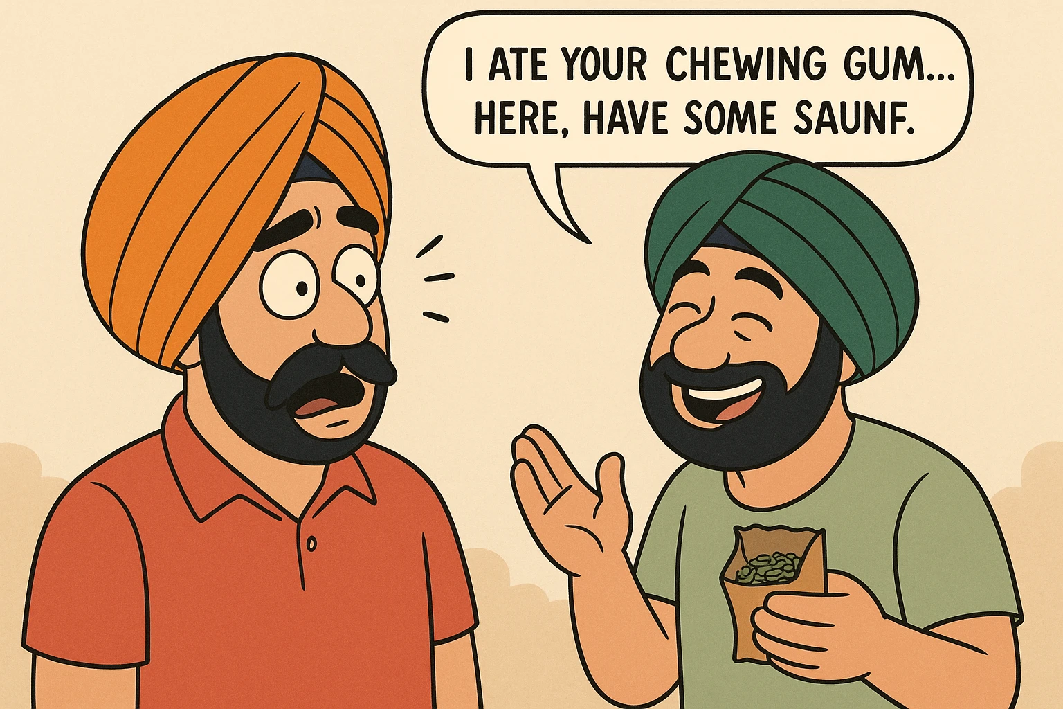 comic-style illustration of a Sardar with a mustache and turban, surprised expression, another character admits to eating his chewing gum and offers saunf in return, humorous expression emoji