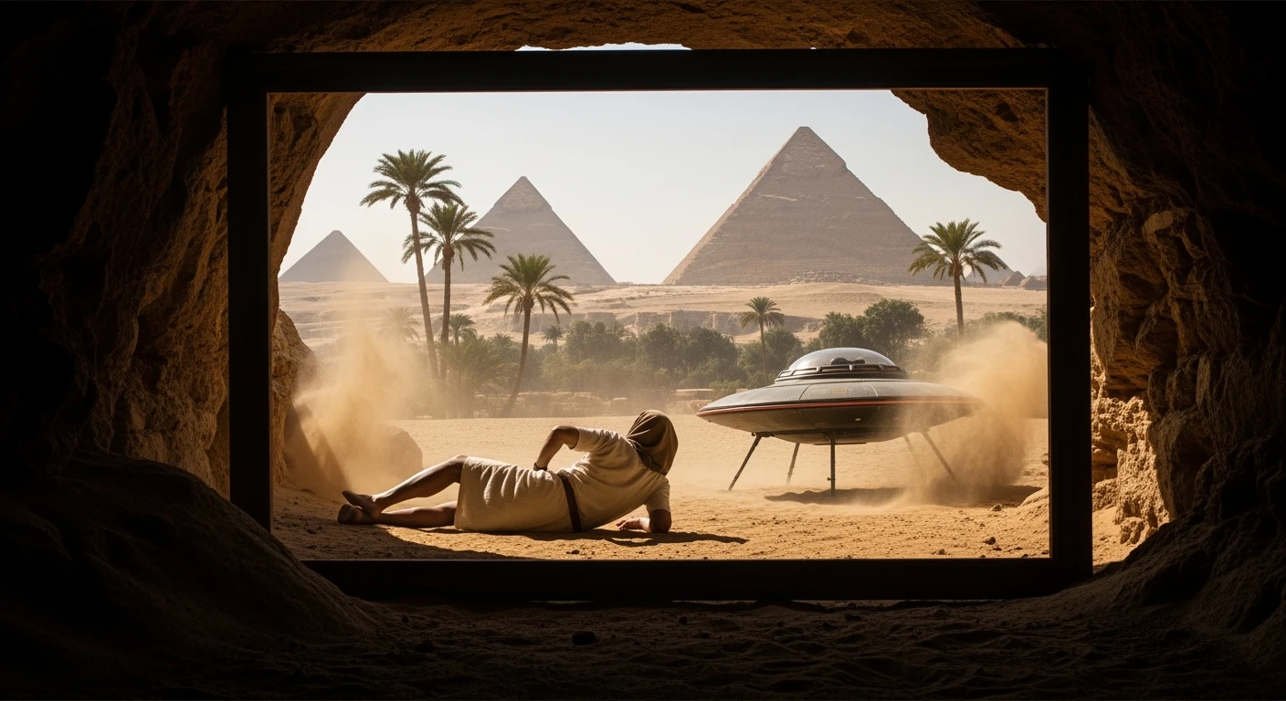 cinematic still, documentary photography, acient egypt, back shot of a man dress in ancient clothes in cave (frame in frame effect) on ground laying front of small ufo starship, sand flying around, palms, dynamic scane, leading lines, captured by arri alexa, depth layers, piramids in babckground emoji