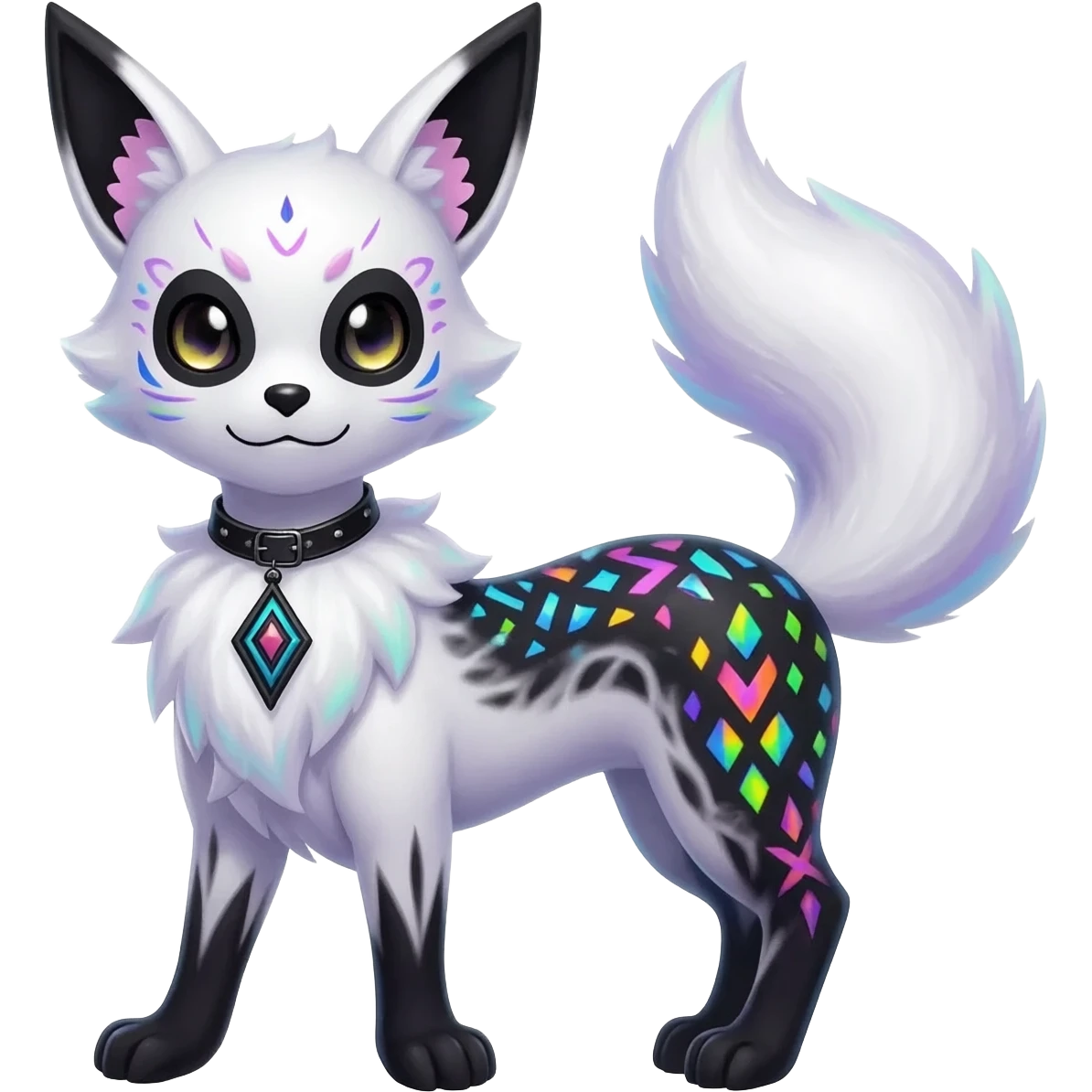 Rare neon iridescent white exotic cute epic aesthetic gothic colorful Salandit-Eevee-Civet-species-Fakemon-hybrid-creature, with a collar, and with intricate tribal markings, full body emoji