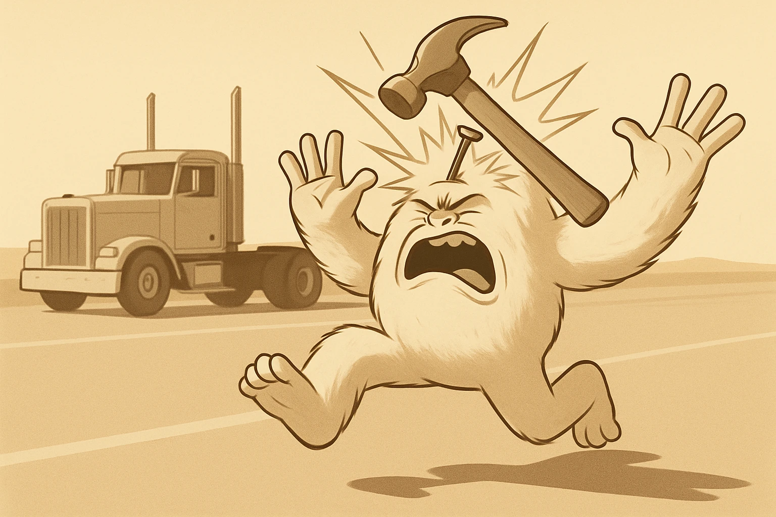 Add a comic-style impact effect where the hammer hits the abominable snowman, remove any blue color from the abominable snowman. Keep the side view, flattop semi with chrome stacks far behind, light and realistic style, no text. emoji