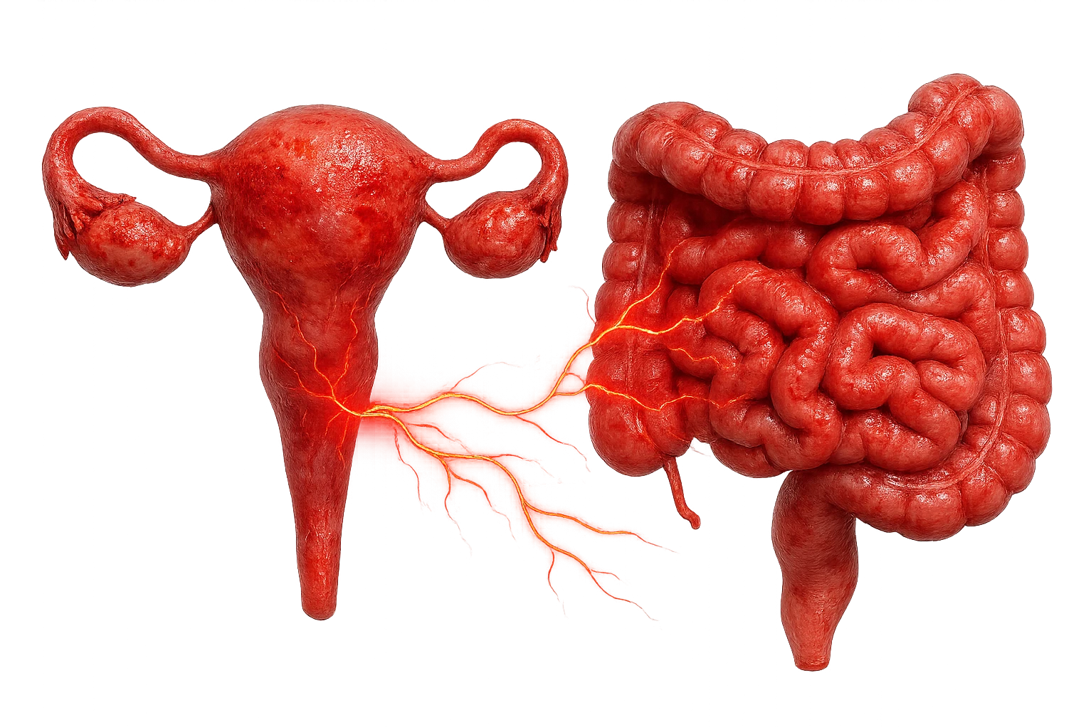 utero umano anatomico iperrealistico e intestino umano anatomico iperrealistico hanno in comune il dolore e l'infiammazione, rendi bene il collegamento tra i due organi doloranti, falla iperrealistica, non disegnata emoji
