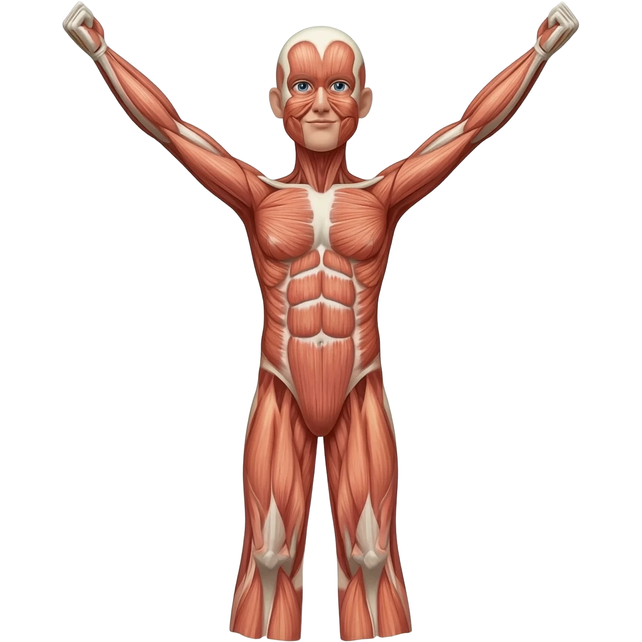 Una persona, cuerpo completo, brazos extendidos hacía arriba, estilo anatomía con piel emoji