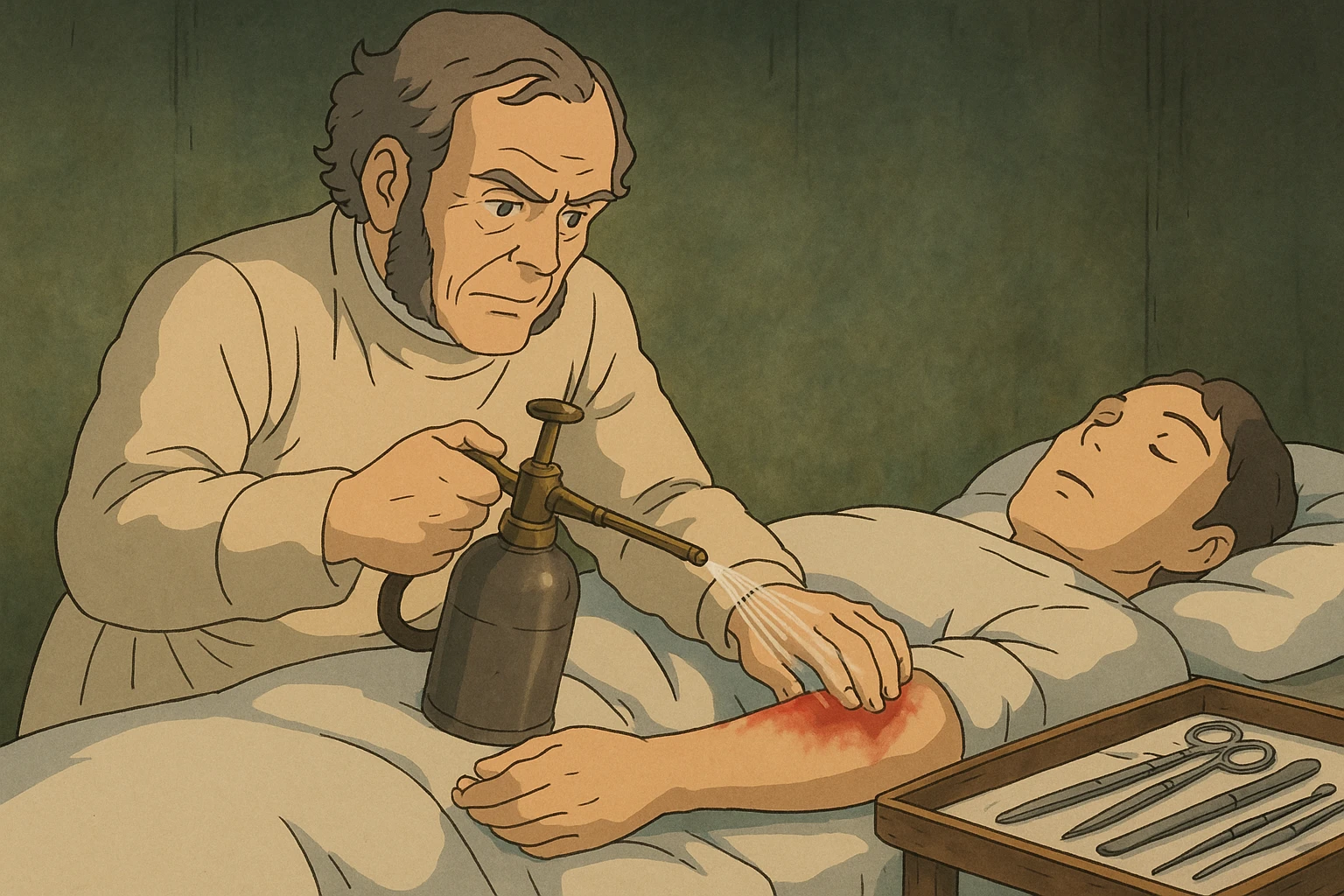 Joseph Lister, a surgeon from the late 1800s using a carbolic water spray during on operation on a patient's arm.. The water spray is being aimed at the open wound on the patient's arm.  There is a tray of operating tools to the side. emoji