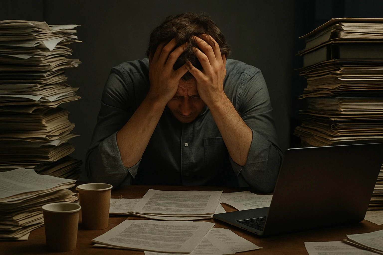 A person sitting at a desk with their head in their hands, surrounded by piles of work, symbolizing burnout and stress. emoji